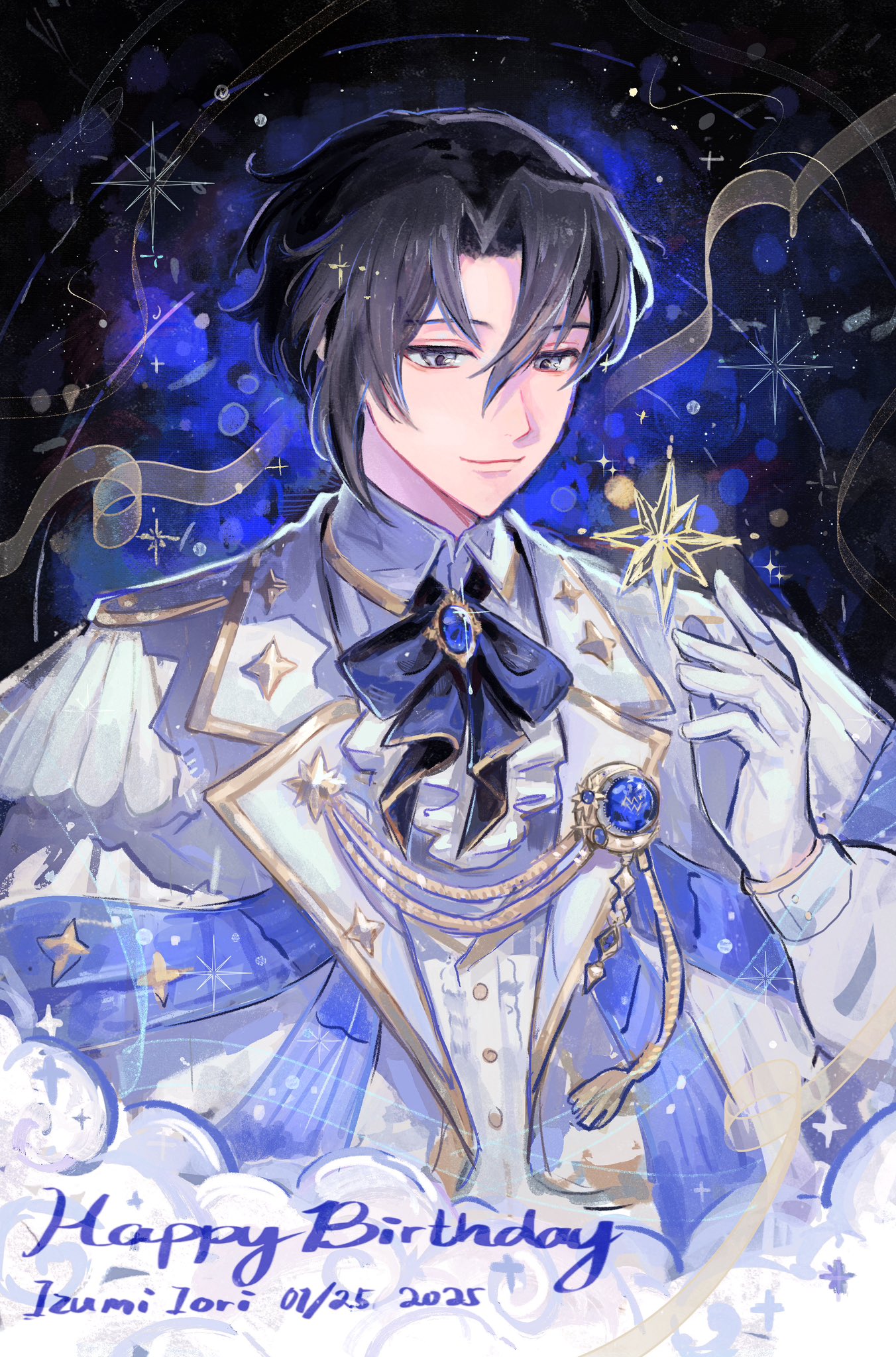 akiko 141, izumi iori, idolish7, highres, 1boy, aiguillette, black bow, black bowtie, black hair, blue gemstone, bow, bowtie, brooch, buttons, cardigan, character name, closed mouth, cloud, collared jacket, collared shirt, crescent, crescent pin, curtained hair, dated, dotted background, epaulettes, floating, floating hair, floating object, gem, gloves, glowing, gold trim, grey eyes, hair intakes, happy birthday, jacket, jewelry, lapel pin, lapels, long sleeves, magic, notched lapels, object floating above hand, open collar, ribbon, see-through clothes, see-through shawl, shawl, shirt, short hair, simple background, sky, smile, solo, star (sky), star (symbol), starry sky, starry sky background, upper body, white gloves, white shirt