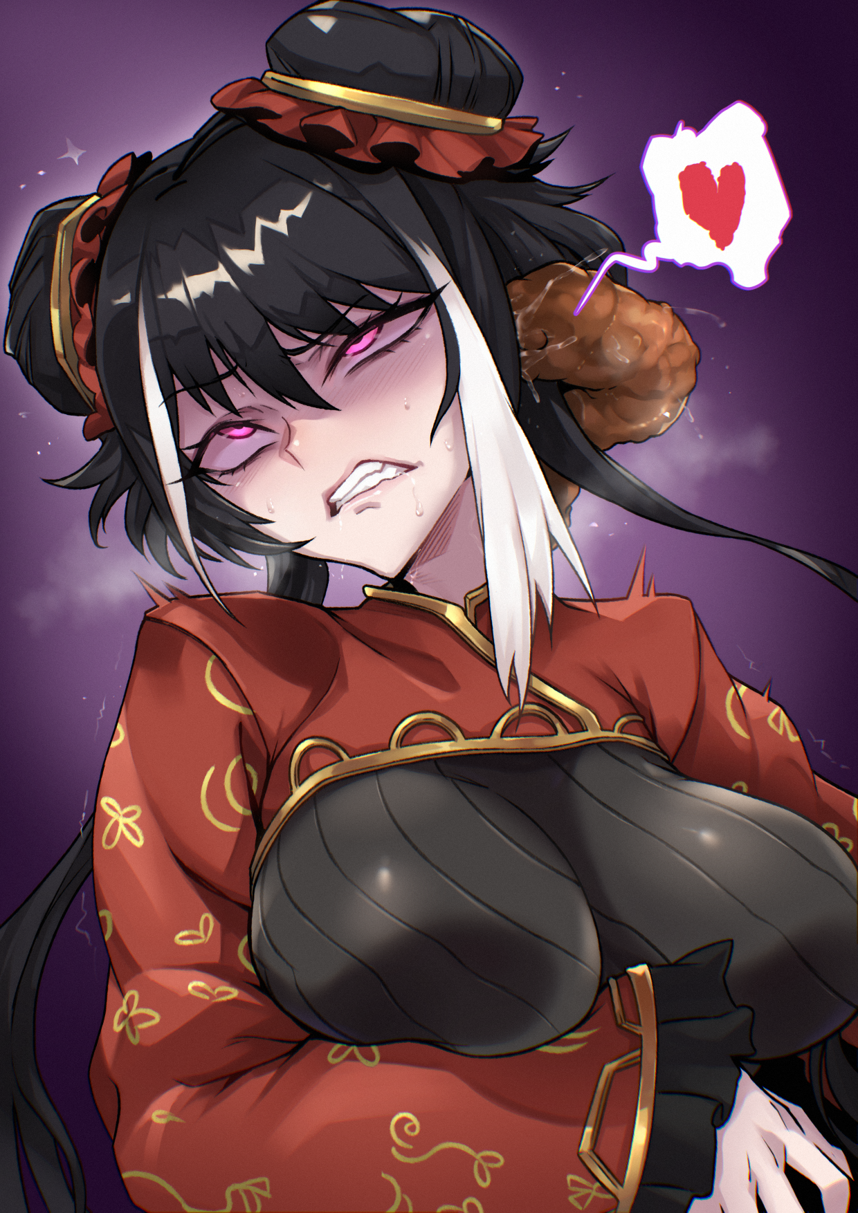 tresmarrow, jia xichun (project moon), limbus company, project moon, commentary, english commentary, highres, 1girl, black dress, black hair, blush, breasts, chinese clothes, clenched teeth, double bun, dress, drooling, floral print, frilled sleeves, frills, hair bun, heart, large breasts, long hair, long sleeves, multicolored hair, pink eyes, purple background, red shrug, red sleeves, rolling eyes, simple background, solo, streaked hair, sweat, teeth, twintails, twitching, white streaks, worm