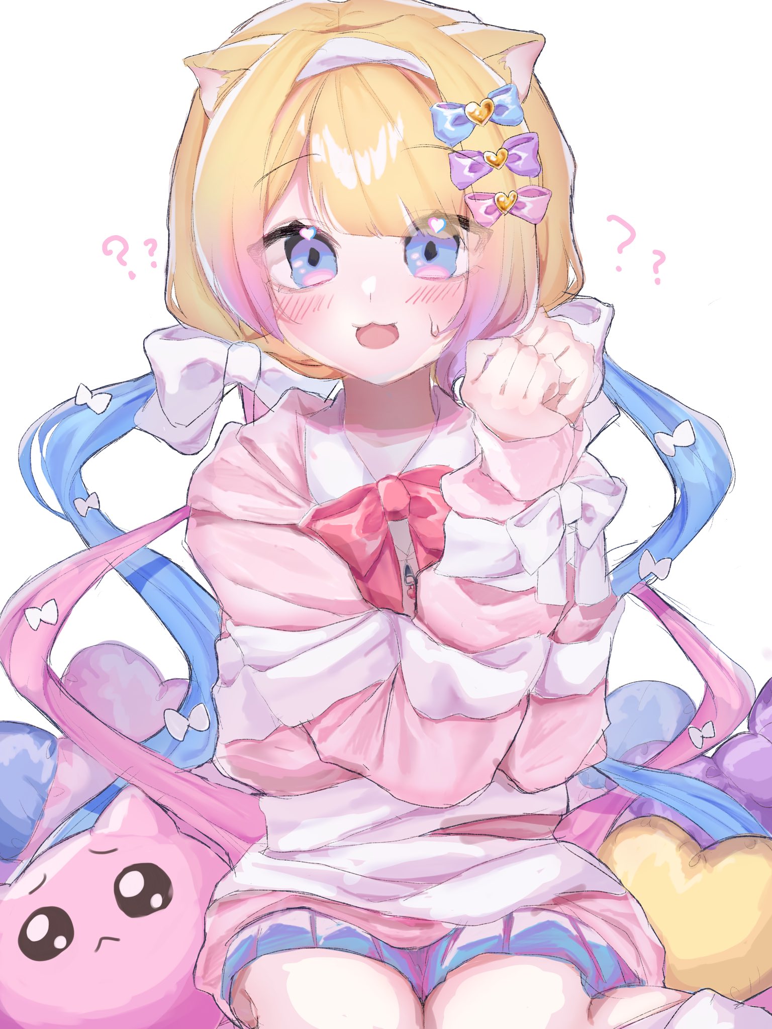 hn ost, chouzetsusaikawa tenshi-chan, pien cat (needy girl overdose), needy girl overdose, highres, 1girl, ?, ??, animal-shaped pillow, animal ears, blonde hair, blue eyes, blue hair, blunt bangs, bound, bound wrists, bow, cat ears, chest bow, colored tips, confused, flustered, hair bow, heart, heart-shaped pillow, kemonomimi mode, looking at viewer, multicolored hair, multiple hair bows, pillow, pink hair, pink serafuku, quad tails, school uniform, serafuku, solo, tied up (nonsexual)