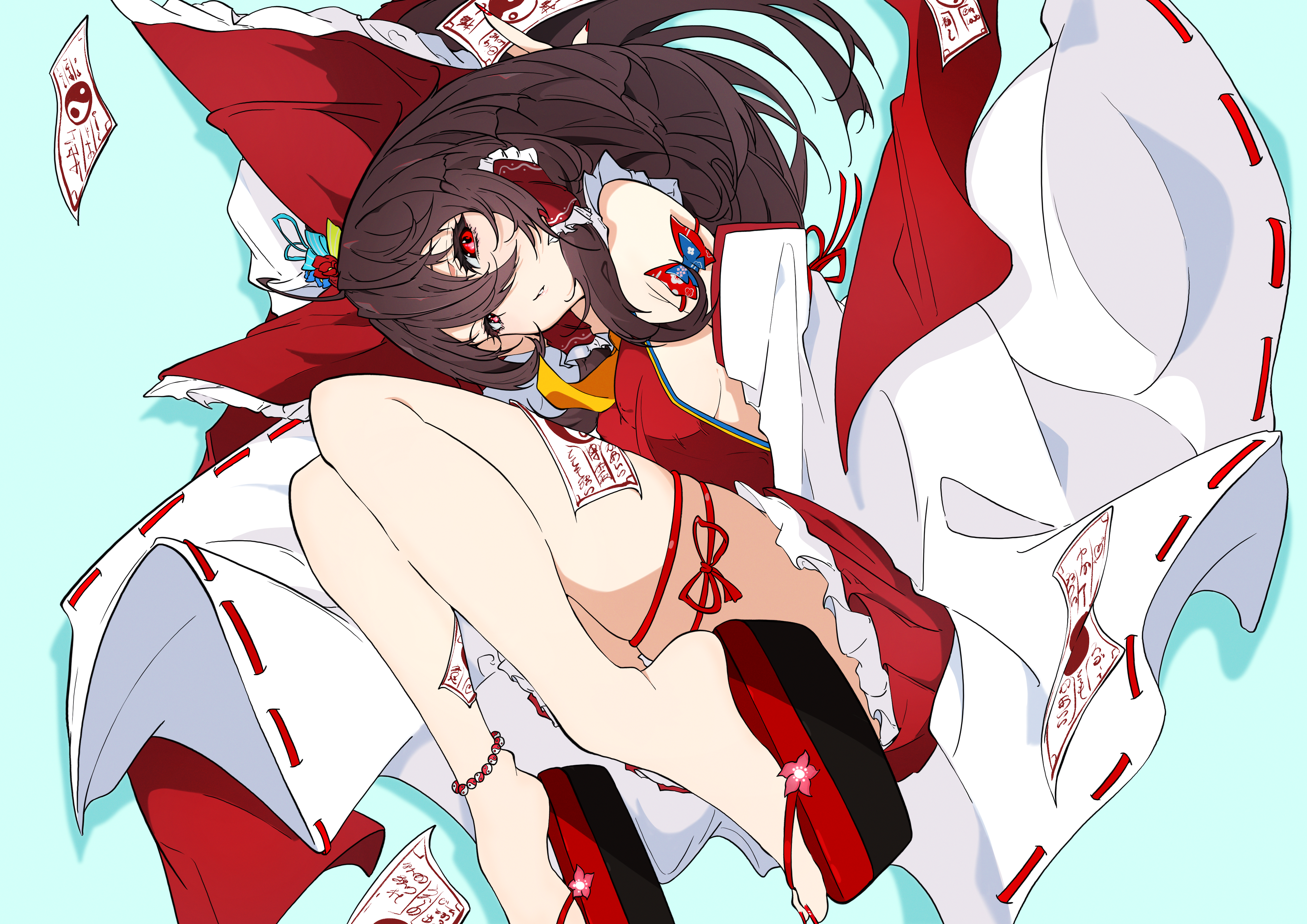 unanooo (fthx7532), hakurei reimu, touhou, absurdres, commentary, highres, 1girl, ahoge, anklet, ascot, bare shoulders, bead anklet, beads, between fingers, blue background, bow, brown hair, detached sleeves, double-parted bangs, eyelashes, feet, flower ornament, frilled bow, frilled hair tubes, frills, full body, hair between eyes, hair bow, hair tubes, holding, jewelry, knees together feet apart, knees up, leg ribbon, long hair, long sleeves, looking at viewer, nail polish, nontraditional miko, ofuda, ofuda between fingers, ofuda on clothes, ofuda on leg, okobo, orb, parted lips, platform sandals, red bow, red eyes, red nails, red ribbon, red skirt, ribbon, ribbon-trimmed sleeves, ribbon trim, sandals, shadow, sidelocks, simple background, skindentation, skirt, skirt set, solo, thigh ribbon, thighs, toenail polish, toenails, wide sleeves, yellow ascot, yin yang, yin yang orb