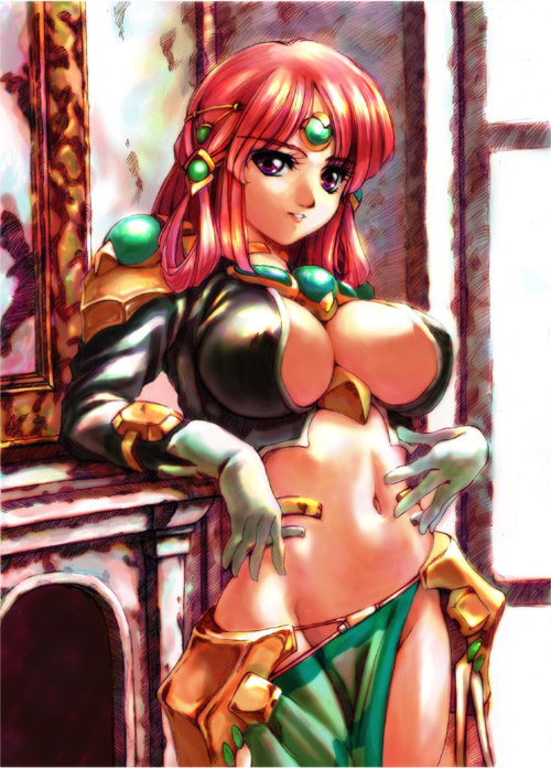 hisahiko, ariel org, real robot regiment, 1girl, against wall, armor, breasts, circlet, cleavage, cleavage cutout, clothing cutout, cowboy shot, crop top, female focus, fireplace, gem, gloves, grin, groin, hair ornament, hair rings, half updo, indoors, jewelry, large breasts, long hair, long sleeves, looking at viewer, lowleg, lowleg skirt, midriff, navel, neck ring, no bra, no panties, painting (object), parted bangs, pink hair, purple eyes, skirt, smile, solo, standing, white gloves