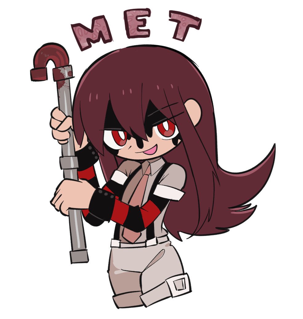 yumeijenny, met (funamusea), funamusea, 1girl, black blood, black suspenders, blood, blood on face, bright pupils, character name, collared shirt, cropped legs, grey shirt, grey shorts, holding, holding lead pipe, lead pipe, long hair, necktie, open mouth, red eyes, red hair, red necktie, shirt, shorts, simple background, solo, striped arm warmers, suspenders, white background, white pupils