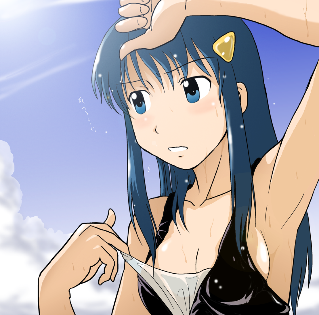 takaya n, dawn (pokemon), nintendo, pokemon, 1girl, armpits, black shirt, blouse, blue eyes, blue hair, clothes pull, female focus, hot, matching hair/eyes, open clothes, open shirt, shirt, shirt pull, solo, sweat, wet