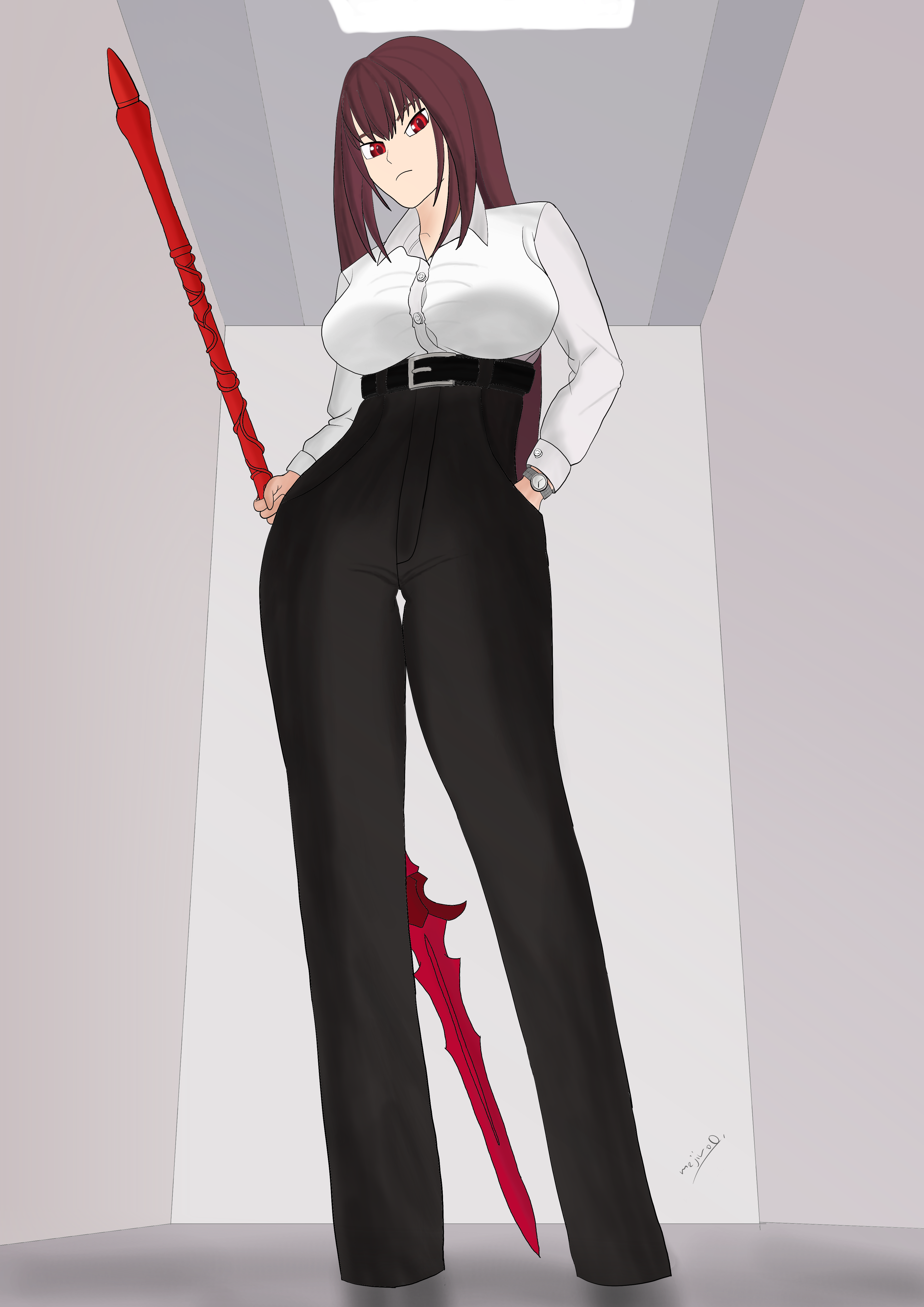 scathach (fate), fate/grand order, fate (series), absurdres, highres, breasts, dress shirt, gae bolg (fate), high waisted pants, large breasts, long hair, looking at viewer, office lady, pants, purple hair, shirt, shirt tucked in, solo
