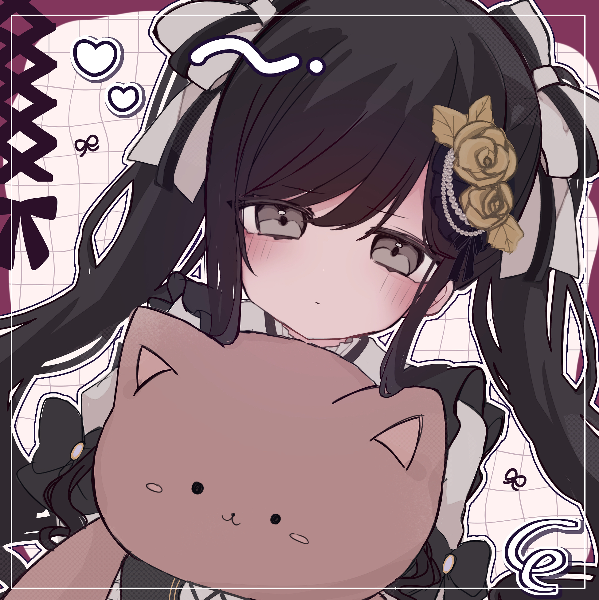 aoyagi tsubaki, d4dj, highres, 1girl, alternate costume, alternate hairstyle, black hair, blush, bow, curled ends, flower, frilled sleeves, frills, grey eyes, grid background, hair bow, hair flower, hair ornament, holding, holding stuffed toy, inset border, jirai kei, outline, parted bangs, puffy sleeves, sidelocks, sleeve bow, solo, stuffed animal, stuffed cat, stuffed toy, twintails, user vykj3845
