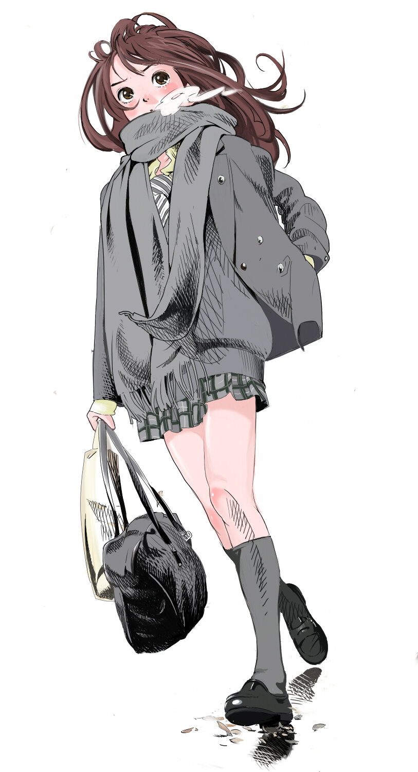 magomago, bad id, bad pixiv id, highres, bag, blush, breath, brown eyes, brown hair, cold, long hair, scarf, simple background, socks, solo