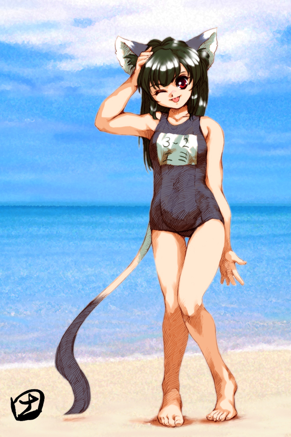 hisahiko, 1girl, :p, animal ears, barefoot, beach, black one-piece swimsuit, day, female focus, full body, green hair, hand on own head, heel up, long hair, name tag, one-piece swimsuit, one eye closed, outdoors, red eyes, school swimsuit, school uniform, serafuku, solo, swimsuit, tail, tongue, tongue out, wink