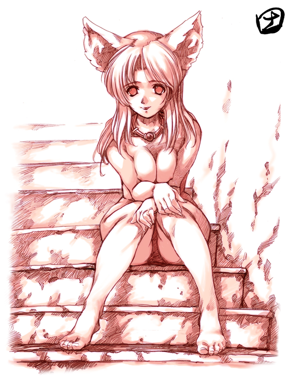 hisahiko, 1girl, animal ears, barefoot, breasts, breasts squeezed together, feet, female focus, jewelry, large breasts, monochrome, necklace, nude, sitting, sitting on stairs, solo, stairs