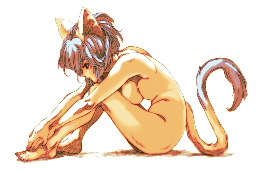 hisahiko, 1girl, animal ears, breast press, breasts, female focus, full body, knees to chest, nude, own hands together, simple background, sitting, solo, tail, white background