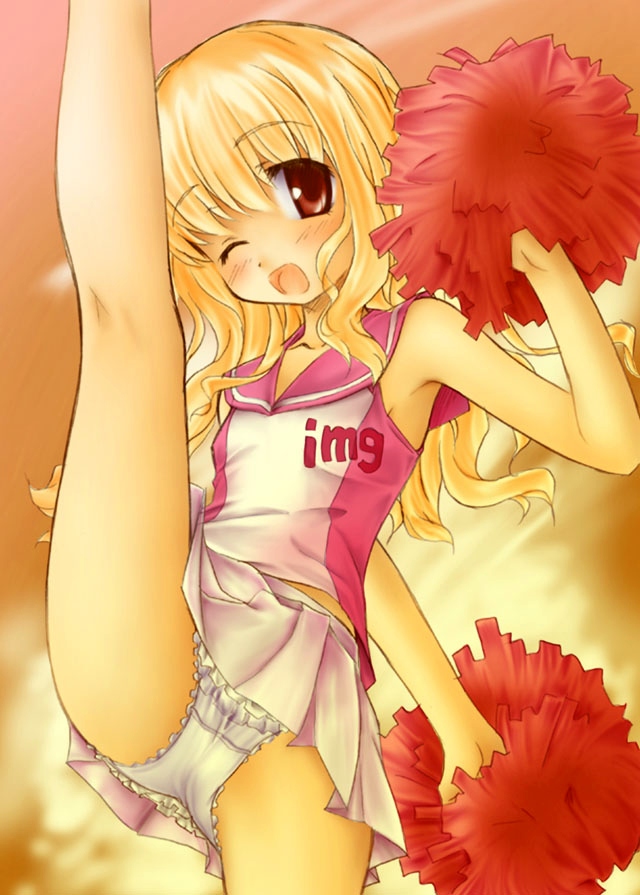 aoi kumiko, cross channel, futaba channel, character request, 1girl, blonde hair, cheerleader, female focus, frilled panties, frills, kicking, one eye closed, open mouth, panties, pantyshot, pleated skirt, pom pom (cheerleading), red eyes, sailor collar, skirt, smile, solo, split, standing, standing on one leg, standing split, sunset, underwear, upskirt, white panties, wink