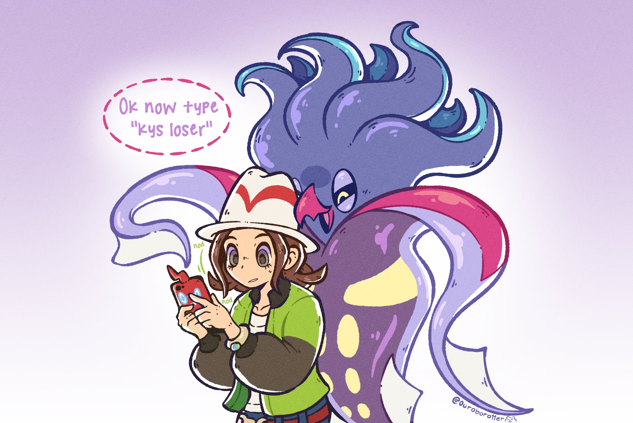 ouroborotter, harmony (pokemon), malamar, rotom, rotom phone, nintendo, pokemon, pokemon legends: z-a, highres, 1girl, beak, belt, breasts, brown eyes, brown hair, closed mouth, english text, gen 4 pokemon, gen 6 pokemon, green jacket, hat, holding, holding phone, jacket, long sleeves, mind control, open clothes, open jacket, open mouth, pants, phone, pokemon (creature), shirt, short hair, speech bubble, squid, tentacles, text messaging, white hat, white shirt, yellow eyes