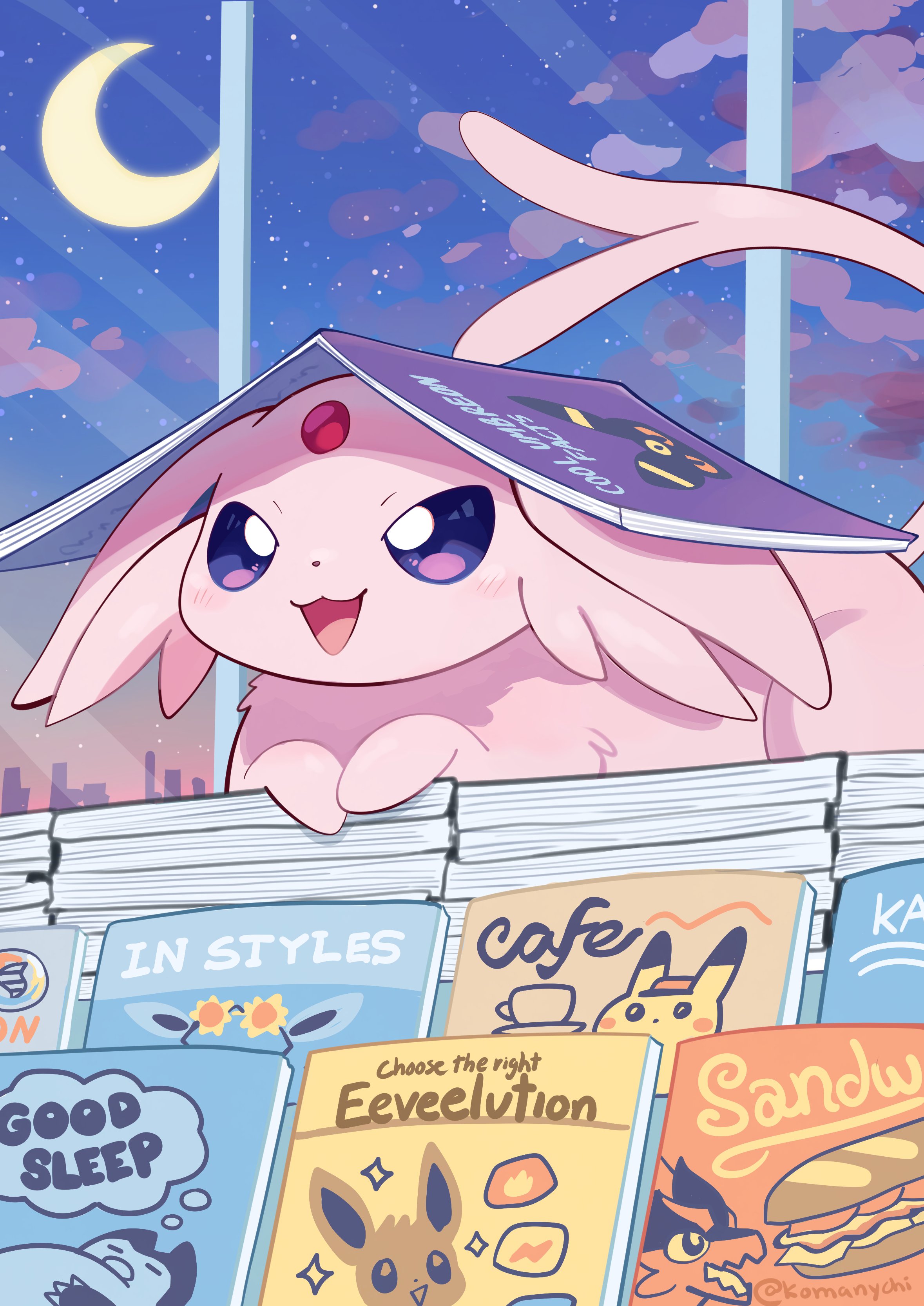 komanychi, eevee, espeon, koraidon, pikachu, snorlax, nintendo, pokemon, absurdres, highres, animal focus, book, closed eyes, colored sclera, crescent moon, english text, food, forehead jewel, forked tail, gem, gen 1 pokemon, gen 2 pokemon, indoors, looking at viewer, magazine (object), moon, no humans, open mouth, pokemon (creature), pokemon focus, purple eyes, purple fur, purple sclera, red gemstone, sandwich, smile, sunglasses, tail, window