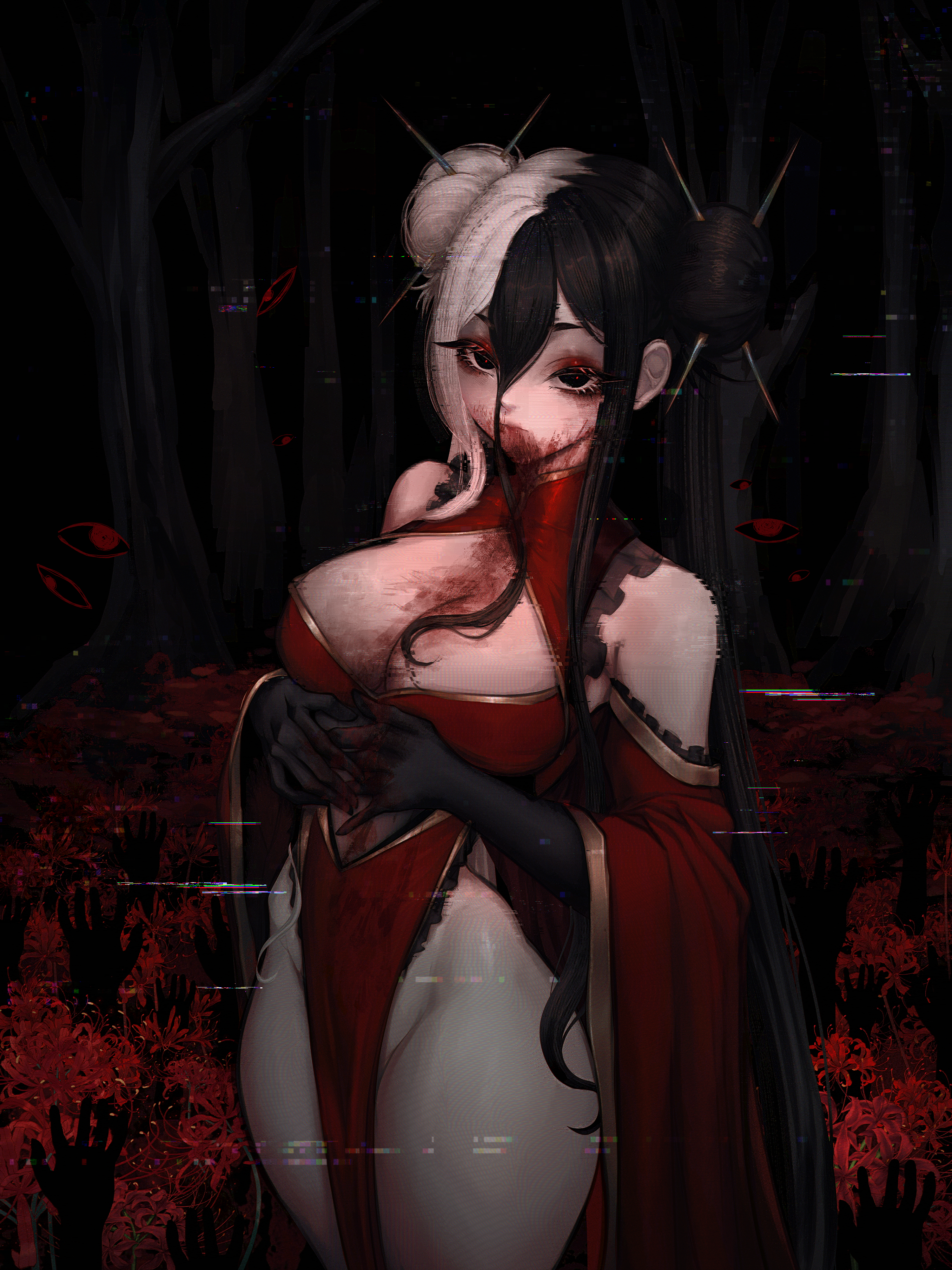 sainty, original, absurdres, highres, 1girl, black eyes, black gloves, black hair, blood, blood on body, blood on clothes, blood on face, breasts, china dress, chinese clothes, cleavage, cleavage cutout, clothing cutout, detached sleeves, disembodied eye, disembodied hand, double bun, dress, elbow gloves, flower, forest, gloves, gold trim, hair between eyes, hair bun, highleg, highleg dress, horror (theme), large breasts, long hair, looking at viewer, multicolored hair, nature, no panties, pale skin, pelvic curtain, red dress, red flower, solo, split-color hair, two-tone hair, white hair
