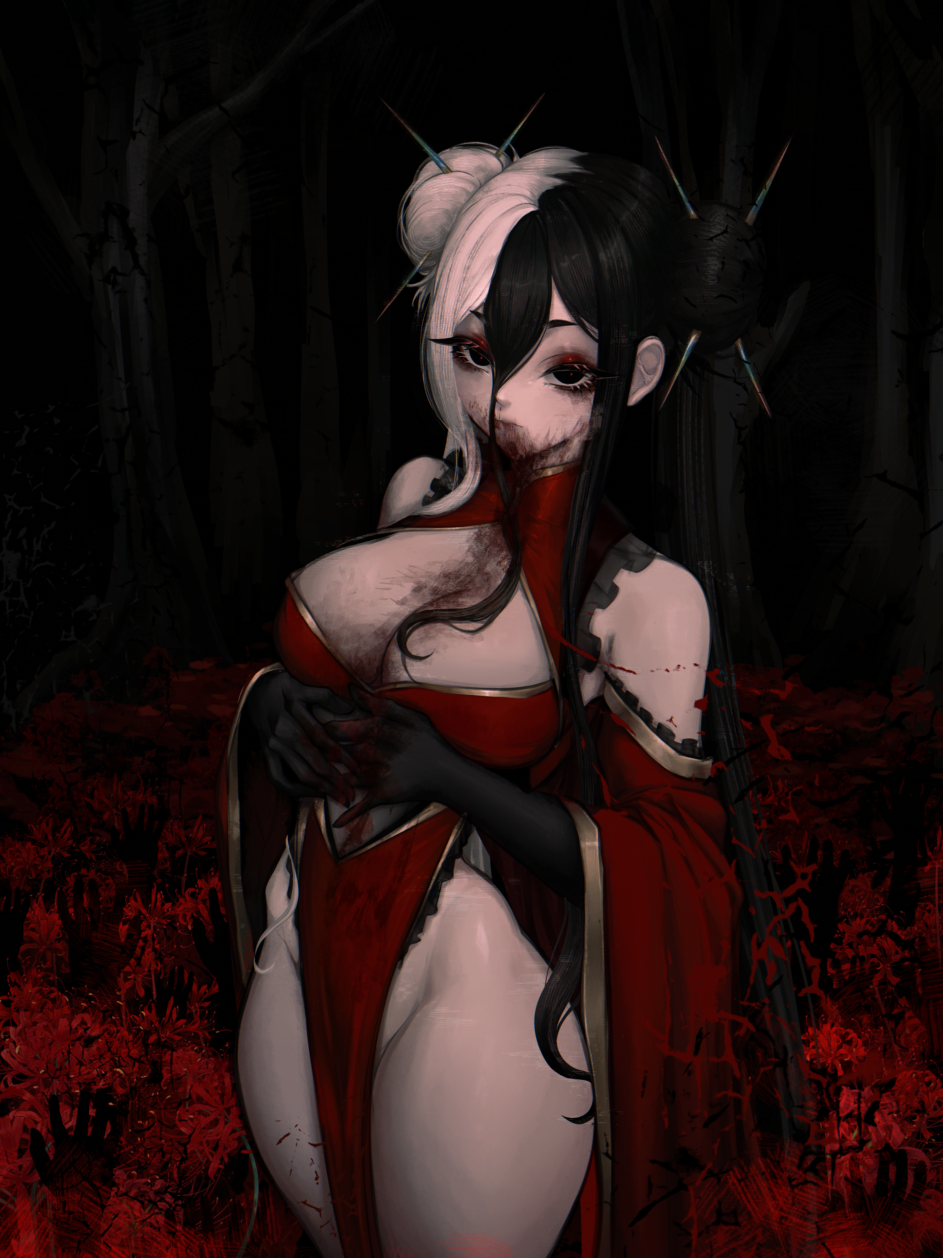 sainty, original, absurdres, highres, 1girl, black eyes, black gloves, black hair, blood, blood on body, blood on clothes, blood on face, breasts, china dress, chinese clothes, cleavage, cleavage cutout, clothing cutout, detached sleeves, disembodied hand, double bun, dress, elbow gloves, flower, forest, gloves, gold trim, hair between eyes, hair bun, highleg, highleg dress, horror (theme), large breasts, long hair, looking at viewer, multicolored hair, nature, no panties, pale skin, pelvic curtain, red dress, red flower, solo, split-color hair, two-tone hair, white hair