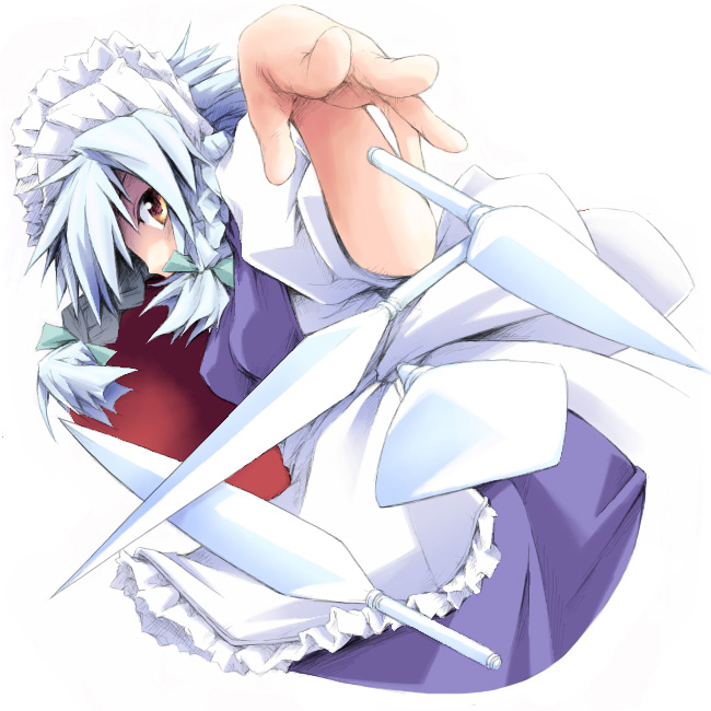 ham (points), izayoi sakuya, touhou, silver hair, 1girl, blue hair, braid, brown eyes, female focus, knife, maid, ribbon, short hair, solo, throwing knife, twin braids, weapon
