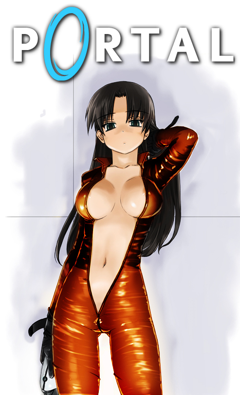 tsuina, chell, portal (series), portal 1, third-party edit, 1girl, biker clothes, bikesuit, bodysuit, breasts, brown hair, center opening, female focus, full-length zipper, jumpsuit, nipple slip, nipples, no bra, no panties, solo, unzipped, valve, zipper