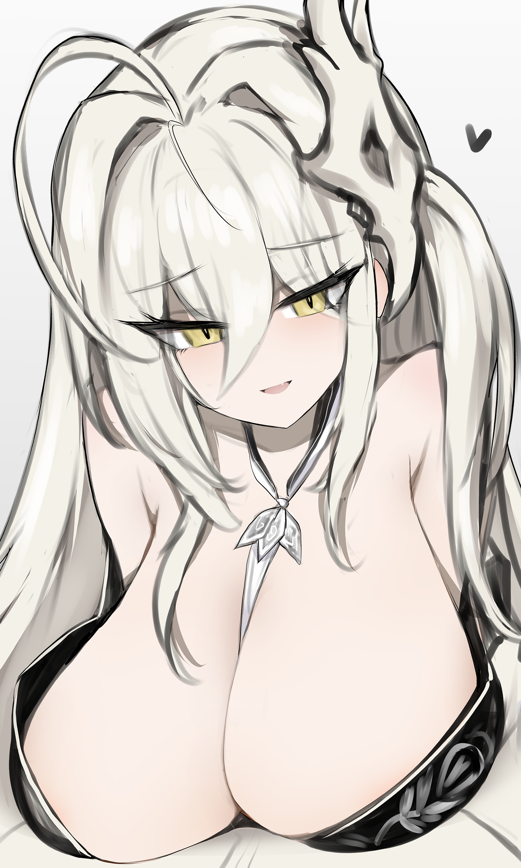 hakuhou (azur lane), azur lane, absurdres, highres, 1girl, ahoge, bare shoulders, breasts, dyuambition, hair intakes, heart, huge breasts, light blush, long bangs, looking at viewer, mask, mask on head, parted lips, pointy breasts, sagging breasts, simple background, smile, solo, upper body, white background, white hair, yellow eyes