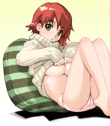 happoubi jin, lowres, 1girl, blush, breasts, female focus, large breasts, panties, pillow, red hair, solo, sweater, underboob, underwear, undressing, yellow eyes