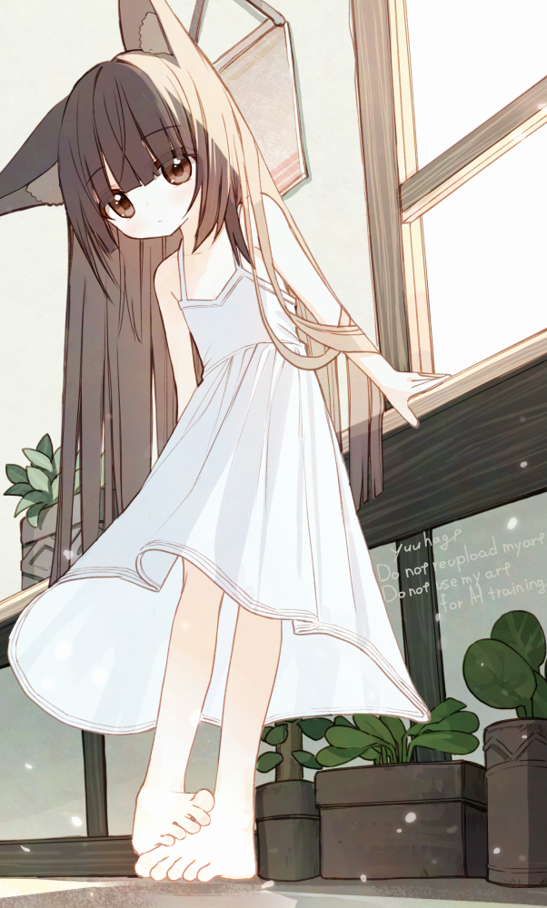 yuuhagi (amaretto-no-natsu), original, 1girl, animal ear fluff, animal ears, bare shoulders, barefoot, black fox girl (yuuhagi (amaretto-no-natsu)), brown eyes, brown hair, closed mouth, dress, flat chest, fox ears, fox girl, long hair, sleeveless, sleeveless dress, solo, standing, sundress, very long hair, watermark, white dress, window