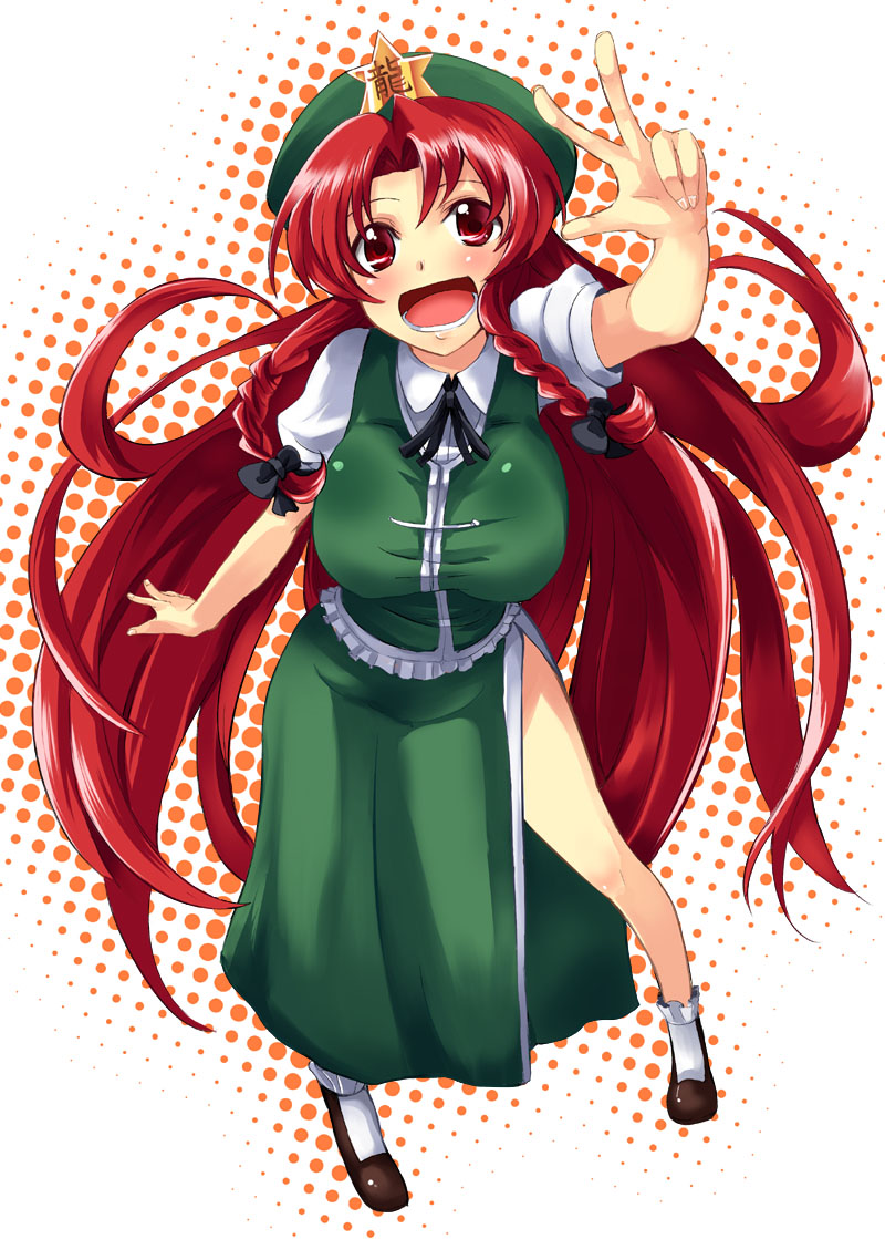 gin'ichi (akacia), ginichi, hong meiling, embodiment of scarlet devil, touhou, 1girl, braid, china dress, chinese clothes, dress, female focus, hat, long hair, red eyes, red hair, ribbon, solo