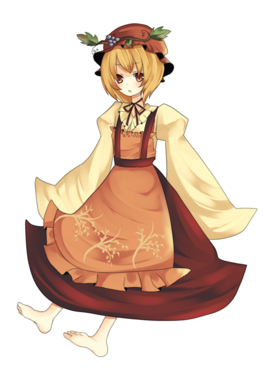 umi (umi02), aki minoriko, touhou, bad id, bad pixiv id, 1girl, apron, barefoot, blonde hair, brown hat, choker, female focus, food-themed hair ornament, hair ornament, hat, leaf hair ornament, long sleeves, mob cap, orange eyes, puffy long sleeves, puffy sleeves, ribbon choker, short hair, simple background, sleeves past wrists, solo, white background