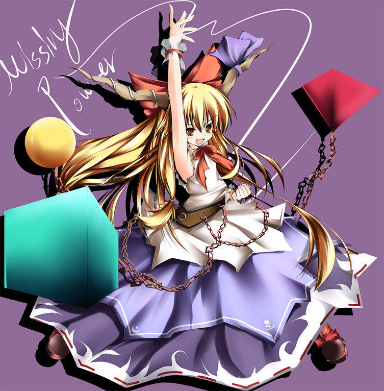 jum (artist), jum (parallel parasol), ibuki suika, touhou, 1girl, belt, blonde hair, bow, brown eyes, chain, female focus, hair bow, horn ornament, horn ribbon, horns, long hair, oni, purple background, red bow, red ribbon, ribbon, ribbon-trimmed skirt, ribbon trim, shirt, shirt bow, shoes, solo, white shirt