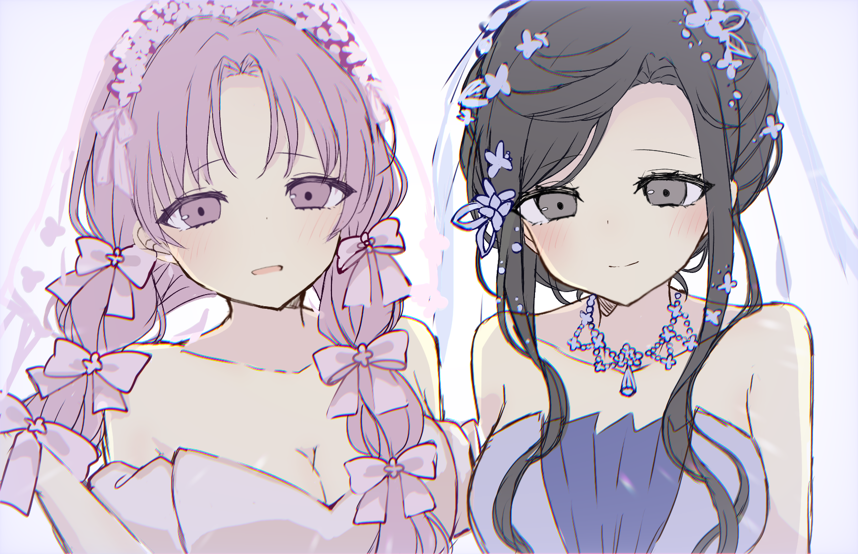 aoyagi tsubaki, yano hiiro, d4dj, highres, 2girls, alternate costume, alternate hairstyle, black eyes, black hair, bow, breasts, bridal veil, cleavage, collarbone, curtained hair, dress, hair bow, hair ornament, hairpin, jewelry, long hair, long sidelocks, multi-tied hair, multiple girls, multiple hair bows, multiple hairpins, necklace, off-shoulder dress, off shoulder, pink dress, pink eyes, pink hair, sidelocks, sleeveless, sleeveless dress, updo, upper body, user vykj3845, veil, very long sidelocks, wavy hair, wedding, white background