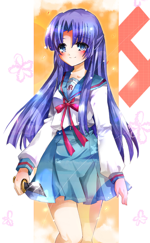 aquamarine, asakura ryoko, suzumiya haruhi no yuuutsu, 00s, blue eyes, blue hair, knife, long hair, school uniform, serafuku, solo