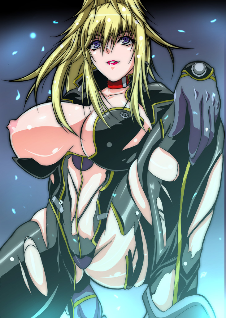 tachibana mizuki, choujuushin gravion, artist request, 00s, 1girl, blonde hair, blue eyes, bodysuit, breasts, collar, female focus, huge breasts, lipstick, makeup, military, military uniform, nipples, no bra, no panties, ponytail, smile, soldier, solo, squatting, torn clothes