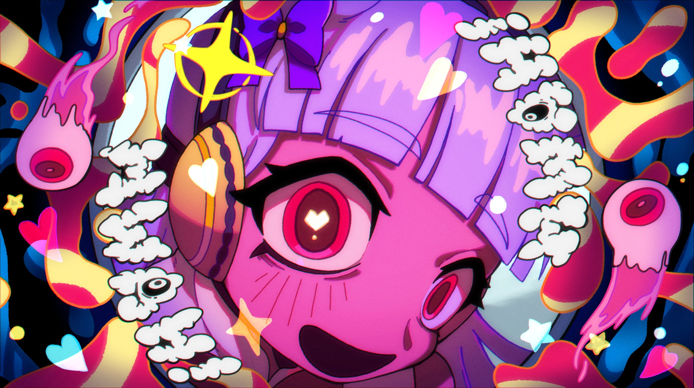 kitnoko, gold ship (umamusume), monitoring (vocaloid), umamusume, highres, 1girl, animal ears, blunt bangs, bow, brown hat, dress, ear bow, ear covers, ear ribbon, eyeball, from inside, grey hair, hallucination, hat, heart, heart-shaped pupils, horse ears, horse girl, horse tail, long hair, looking at viewer, open mouth, pillbox hat, pov peephole, purple bow, red dress, red eyes, smile, solo, symbol-shaped pupils, tail