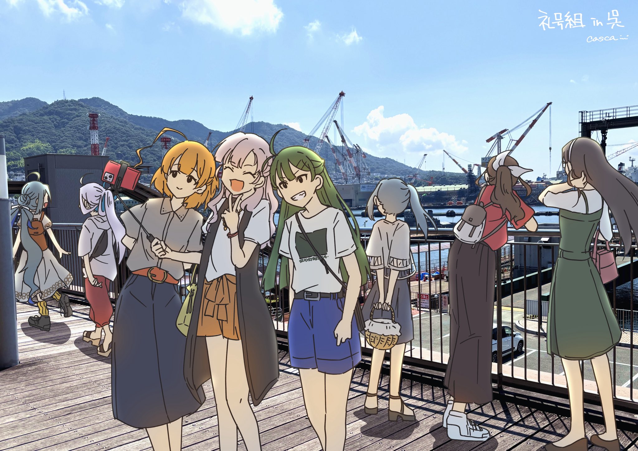 casca (casca bask), asashimo (kancolle), ashigara (kancolle), kashi (kancolle), kasumi (kancolle), kaya (kancolle), kiyoshimo (kancolle), ooyodo (kancolle), sugi (kancolle), kantai collection, commentary request, highres, 6+girls, ahoge, alternate costume, alternate hairstyle, arms behind back, backpack, bag, black hair, brown hair, closed eyes, cloud, crane (machine), day, dress, green hair, grey hair, grin, hair ribbon, hairband, long hair, mountain, multiple girls, open mouth, orange hair, outdoors, photo background, ponytail, railing, ribbon, selfie stick, shirt, shoes, side ponytail, sky, smile, standing, v, white hairband