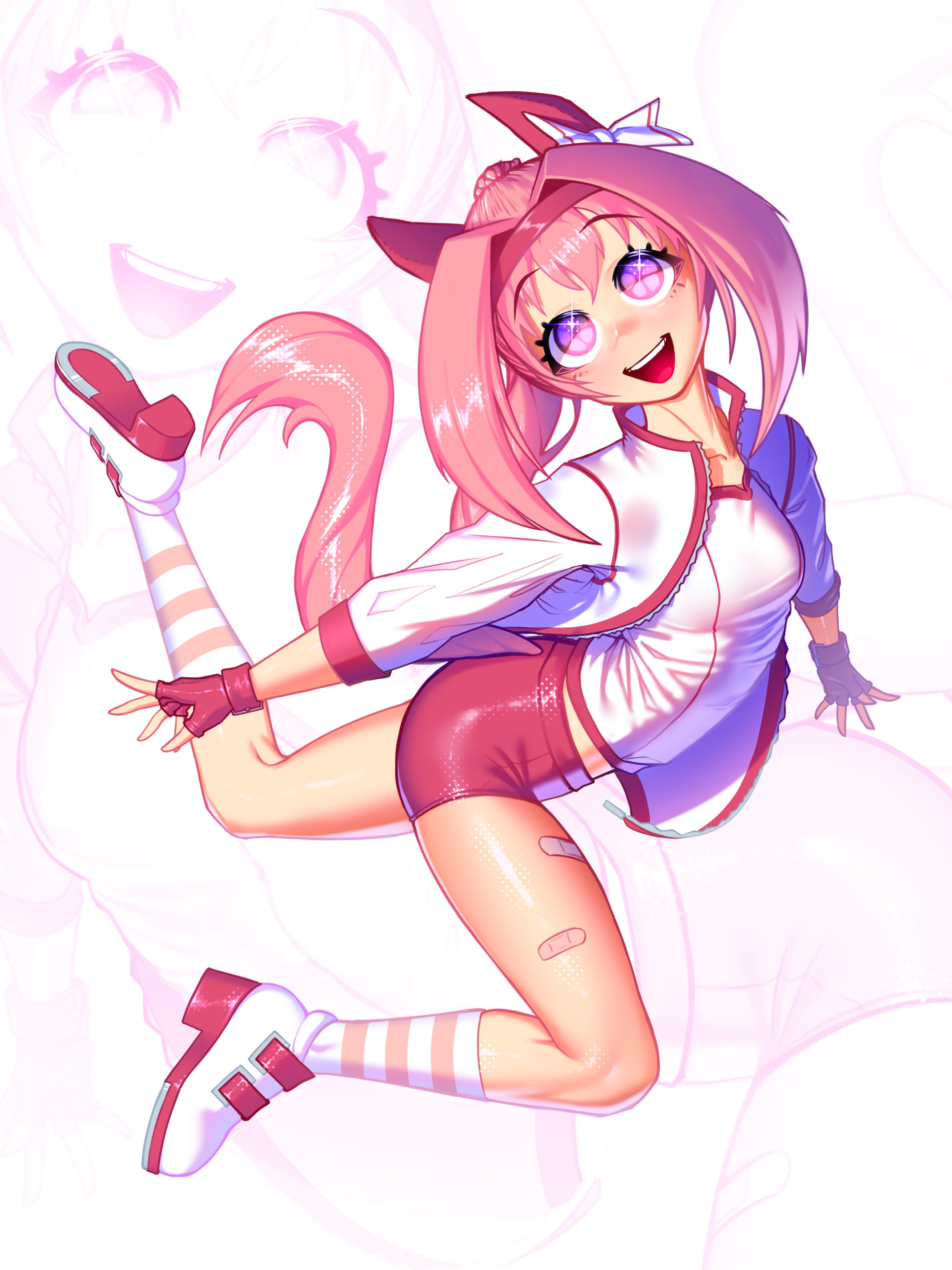 haru urara (umamusume), umamusume, absurdres, highres, 1girl, animal ears, bandaid, bandaid on leg, blush, bow, breasts, buruma, ear bow, ear covers, fingerless gloves, flower-shaped pupils, flower in eye, gloves, hairband, haru urara (bestest prize) (umamusume), headband, horse ears, horse girl, horse tail, jacket, kodyparbs, long hair, looking at viewer, open mouth, pink buruma, pink eyes, pink hair, pink headband, ponytail, red buruma, red headband, shirt, smile, symbol-shaped pupils, symbol in eye, tail, teeth, upper teeth only, white jacket, white shirt
