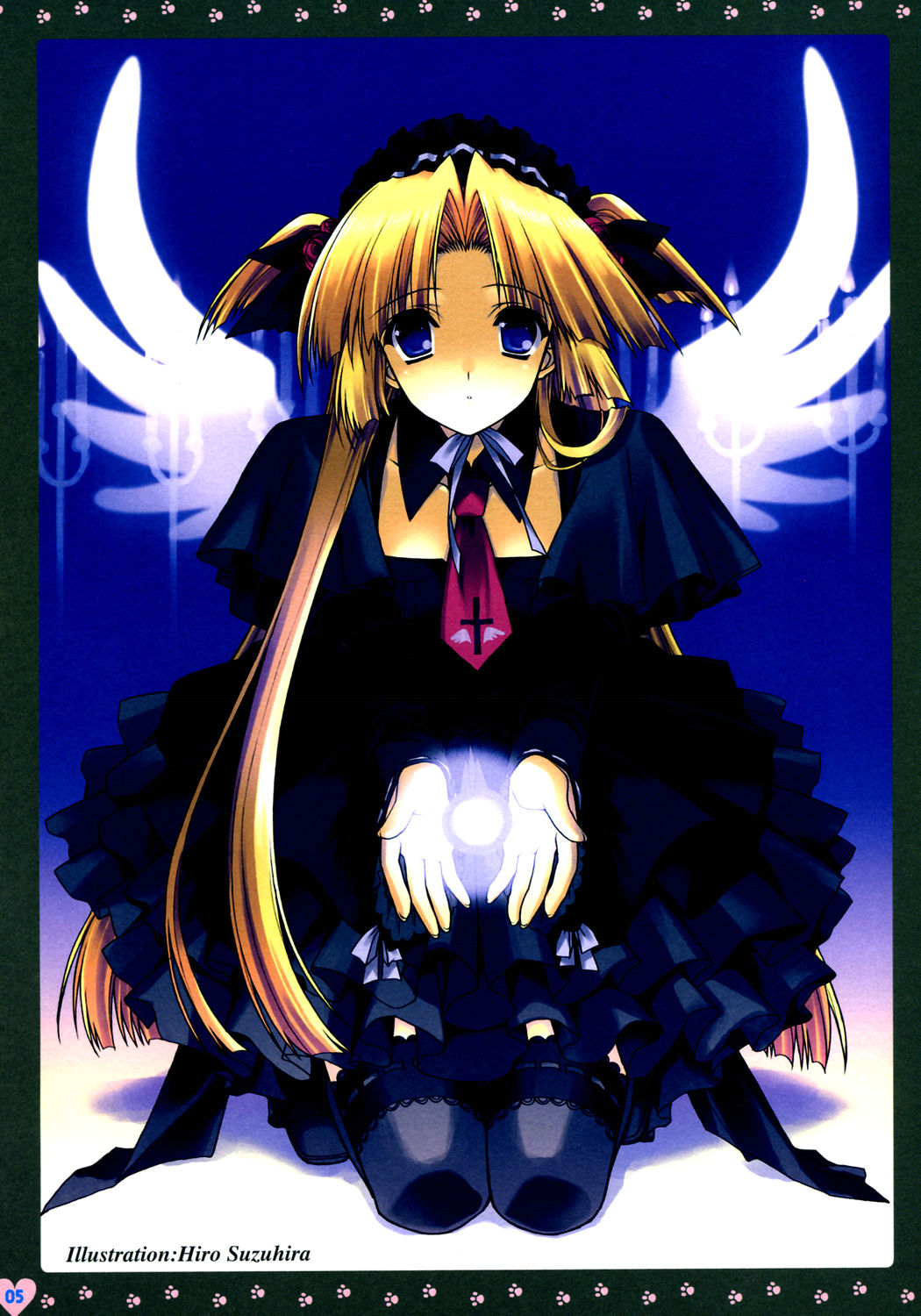 suzuhira hiro, yun (monochrome), monochrome (game), highres, 1girl, angel wings, black thighhighs, blonde hair, blue eyes, cross, female focus, full body, kneeling, latin cross, long hair, necktie, short twintails, solo, thighhighs, twintails, two side up, wings