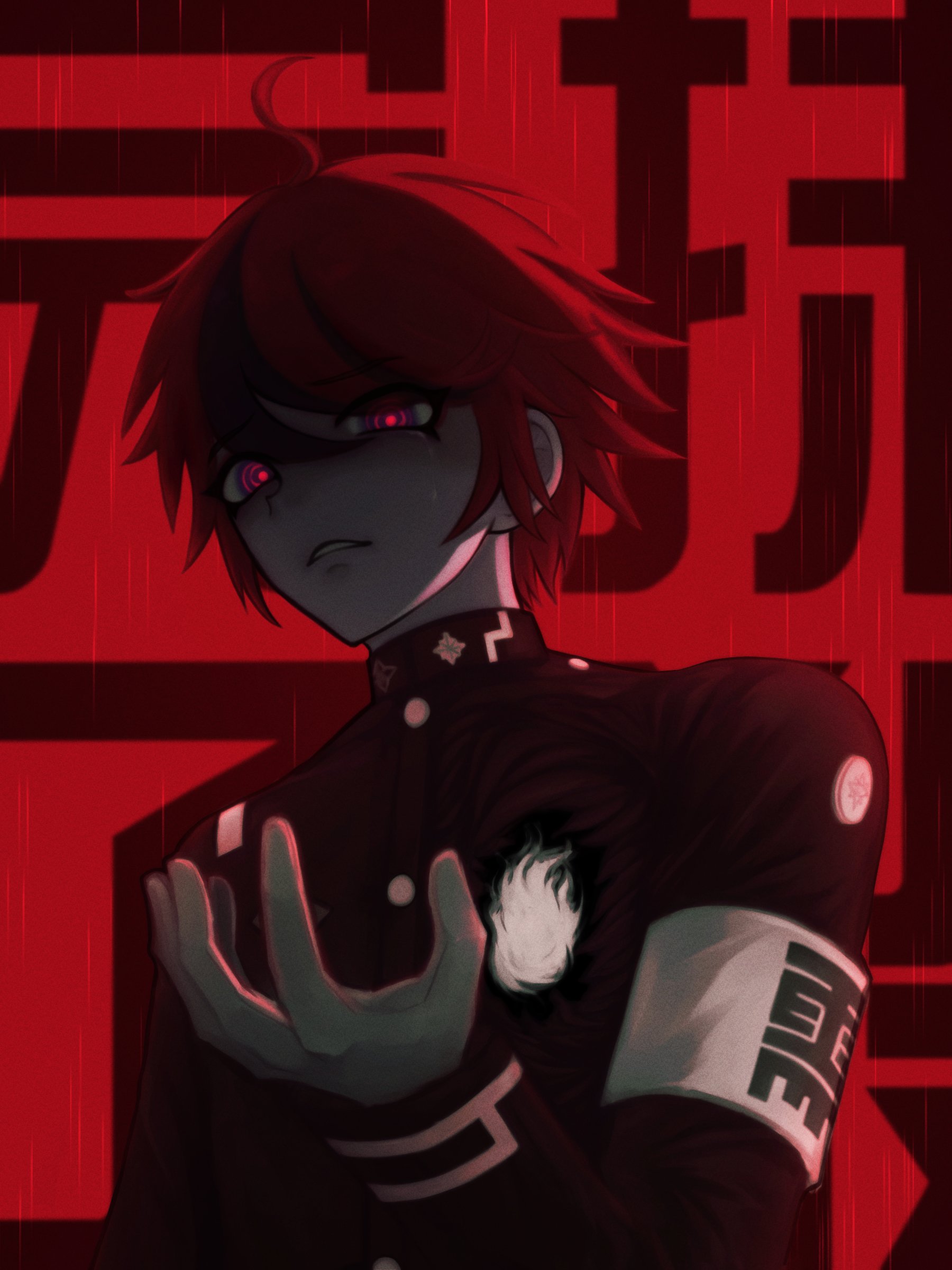 sumino takumi, the hundred line -last defense academy-, absurdres, commentary, highres, 1boy, ahoge, armband, backlighting, black jacket, black streaks, blue eyes, gakuran, gloves, hand up, hole in chest, hole on body, jacket, last defense academy school uniform, looking at viewer, male focus, multicolored hair, parted lips, red hair, red pupils, ringed eyes, school uniform, short hair, solo, soluna prsk, streaked hair, upper body, white armband, white gloves
