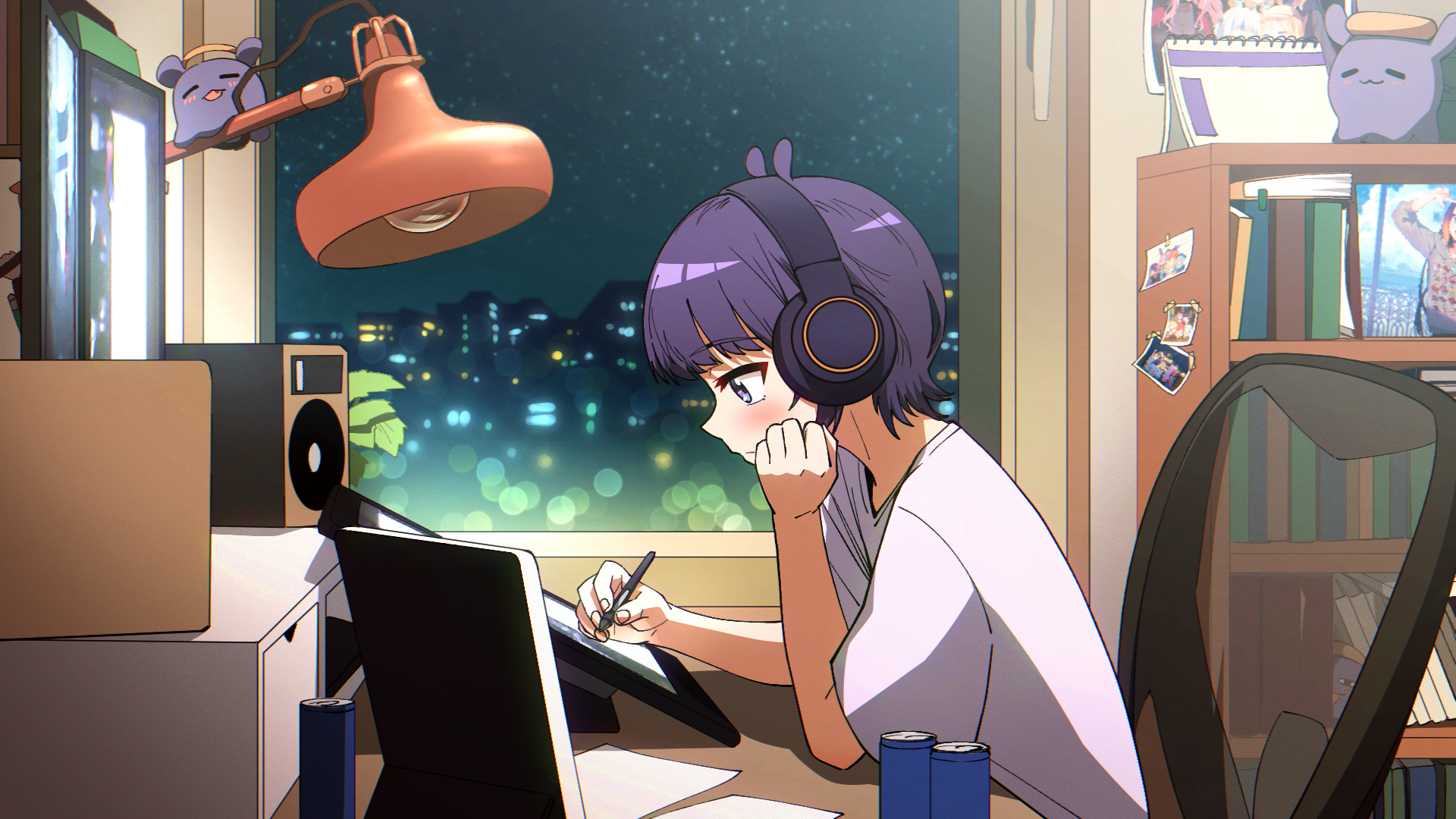 ddolbang, lofi girl, ninomae ina'nis, ninomae ina'nis (loungewear), takodachi (ninomae ina'nis), hololive, hololive english, lofi girl (youtube), commentary, highres, 1girl, blush, book, bookshelf, calendar (object), can, chair, closed mouth, desk lamp, drawing (action), drawing tablet, drink can, elbow on table, elbow rest, from side, hand on own cheek, hand on own face, head rest, headphones, holding, holding stylus, indoors, lamp, looking down, monitor, night, official alternate costume, official alternate hair length, official alternate hairstyle, paper, photo (object), purple eyes, purple hair, shirt, short hair, short sleeves, sitting, solo, speaker, star (sky), stylus, virtual youtuber, white shirt, window