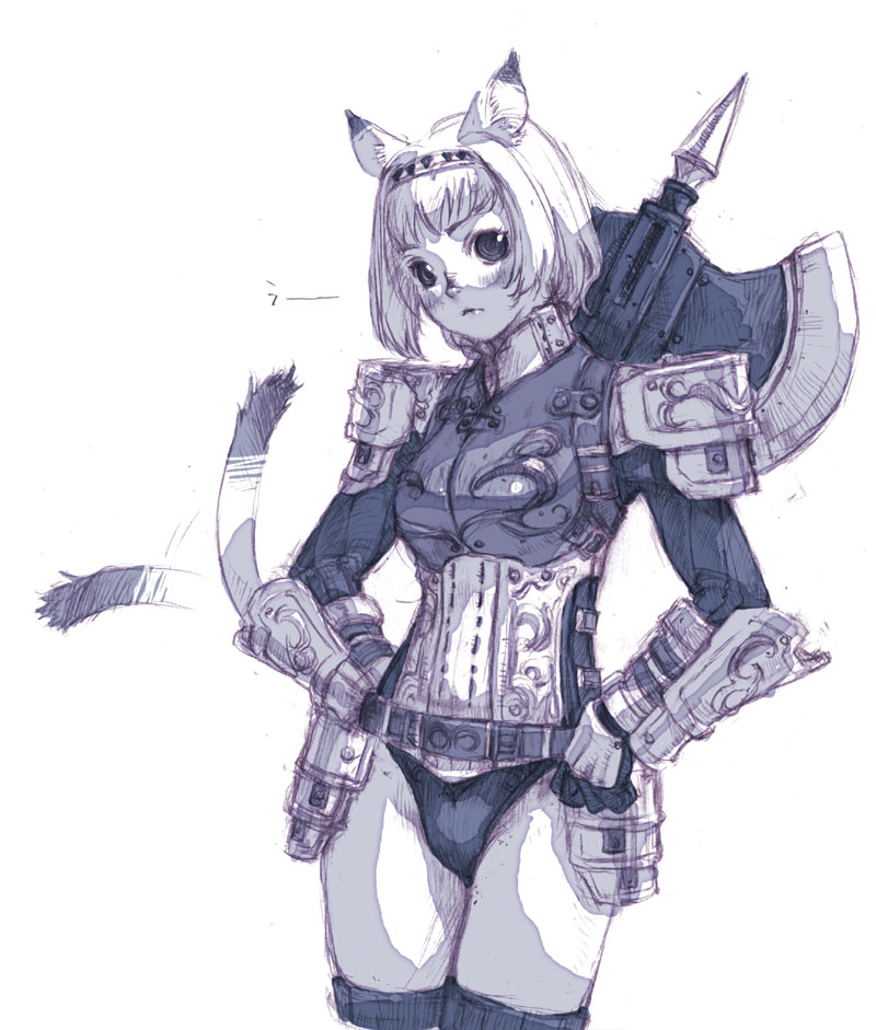 branch (blackrabbits), mithra (ff11), warrior (final fantasy), final fantasy, final fantasy xi, 00s, 1girl, animal ears, armor, axe, cat ears, cat tail, female focus, hairband, headband, monochrome, panties, short hair, sketch, solo, tail, thighhighs, underwear, warrior, weapon