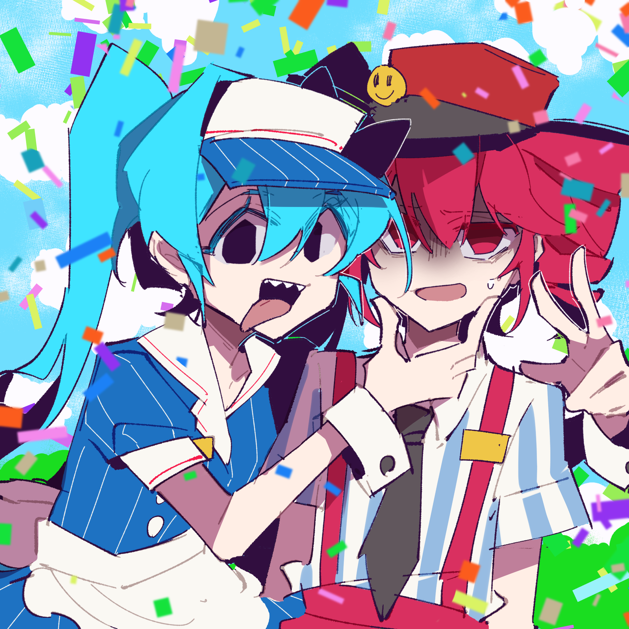 jiu (jiu076), hatsune miku, kasane teto, mesmerizer (vocaloid), synthesizer v, vocaloid, highres, 2girls, apron, bags under eyes, black eyes, black necktie, blue dress, blue hair, cloud, collared shirt, confetti, dress, drill hair, gloom (expression), hand on another's chin, hat, long hair, looking at viewer, multiple girls, necktie, open mouth, red eyes, red hat, sharp teeth, shirt, short hair, short sleeves, smile, striped clothes, striped shirt, suspenders, sweatdrop, teeth, twin drills, twintails, upper body, visor cap, w, waist apron, wrist cuffs