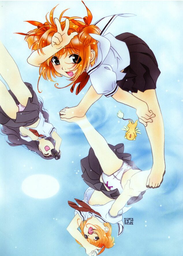 watanabe akio, daidouji tomoyo, kinomoto sakura, cardcaptor sakura, 1990s (style), 2girls, barefoot, blue background, bow, bow panties, braid, camcorder, camera, fang, feet, happy, loli, midriff, multiple girls, open mouth, panties, pantyshot, pantyshot through reflection, pink panties, reflection, retro artstyle, ribbon, school uniform, serafuku, skirt, toes, tomoeda middle school uniform, underwear, upskirt, v, video camera, water, white panties