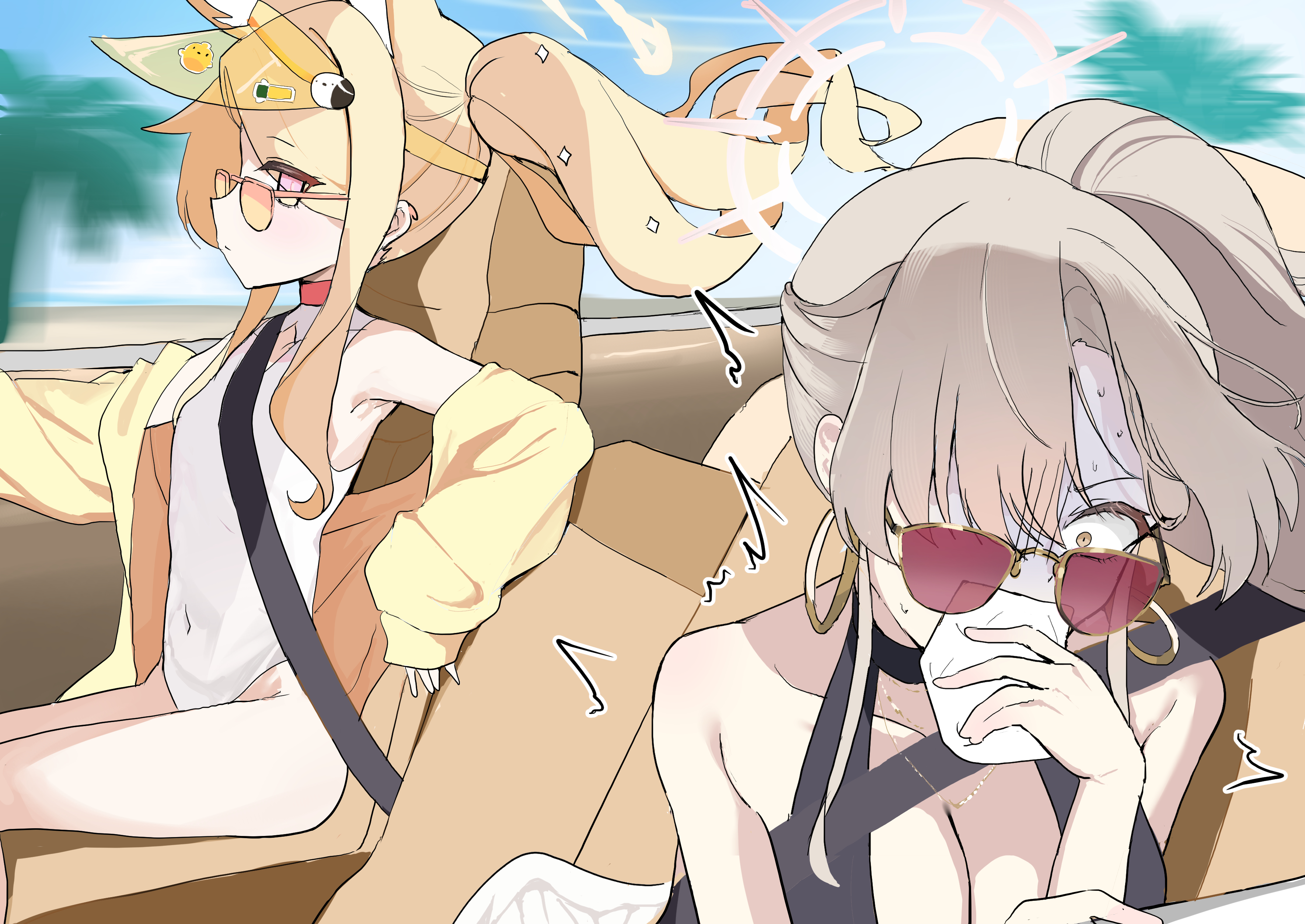 mochini, nagisa (blue archive), nagisa (swimsuit) (blue archive), seia (blue archive), seia (swimsuit) (blue archive), blue archive, 2girls, animal ear fluff, animal ears, black one-piece swimsuit, blonde hair, breasts, car, cardigan, carsick, choker, cleavage, convertible, covered navel, covering own mouth, driving, earrings, feathered wings, flower, fox ears, from side, hair flower, hair ornament, halo, handkerchief, hoop earrings, jewelry, large breasts, long hair, motion sickness, motor vehicle, multiple girls, nausea, off-shoulder sweater, off shoulder, one-piece swimsuit, open cardigan, open clothes, orange-tinted eyewear, outdoors, palm tree, pink eyes, ponytail, red-tinted eyewear, red choker, seatbelt, shaded face, side ponytail, sitting, small breasts, sunglasses, sweater, swimsuit, tinted eyewear, tree, visor cap, white one-piece swimsuit, white wings, wings, yellow eyes, yellow visor