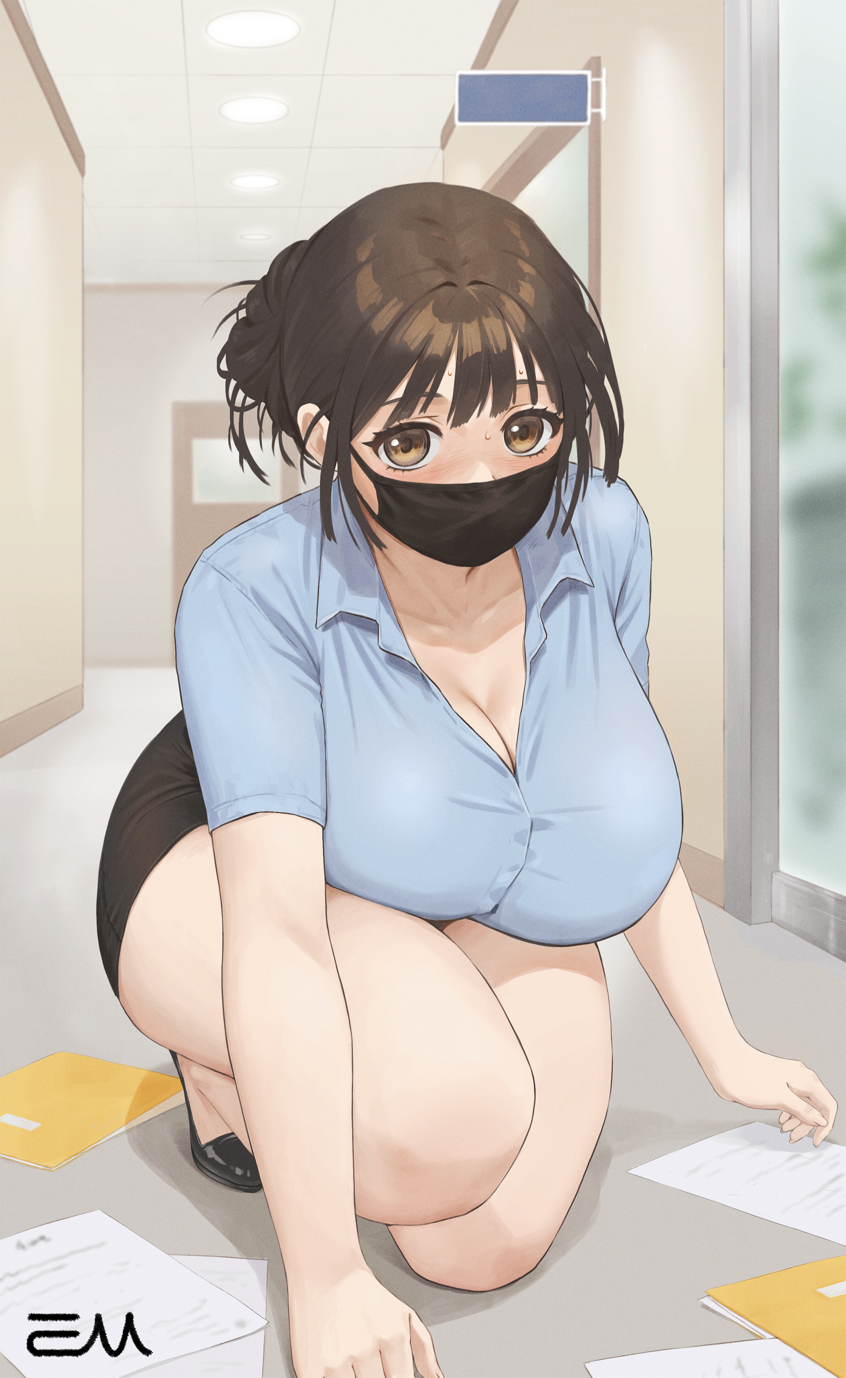 taesseung, original, 1girl, black shoes, black skirt, blue shirt, blush, breasts, brown eyes, brown hair, ceiling, ceiling light, cleavage, collarbone, dropped object, face mask, hair bun, hallway, large breasts, looking at viewer, mask, mouth mask, office, office lady, paper, pencil skirt, shirt, shoes, short sleeves, skirt, squatting, sweat, thick thighs, thighs, wide hips