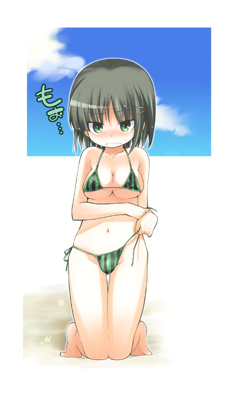 aizawa sakuya, hayate no gotoku!, 00s, bikini, black hair, blush, day, food print, fruit print, green bikini, green eyes, hair ornament, hairclip, kneeling, side-tie bikini bottom, solo, striped bikini, striped clothes, swimsuit, untying, vertical-striped bikini, vertical-striped clothes, watermelon print