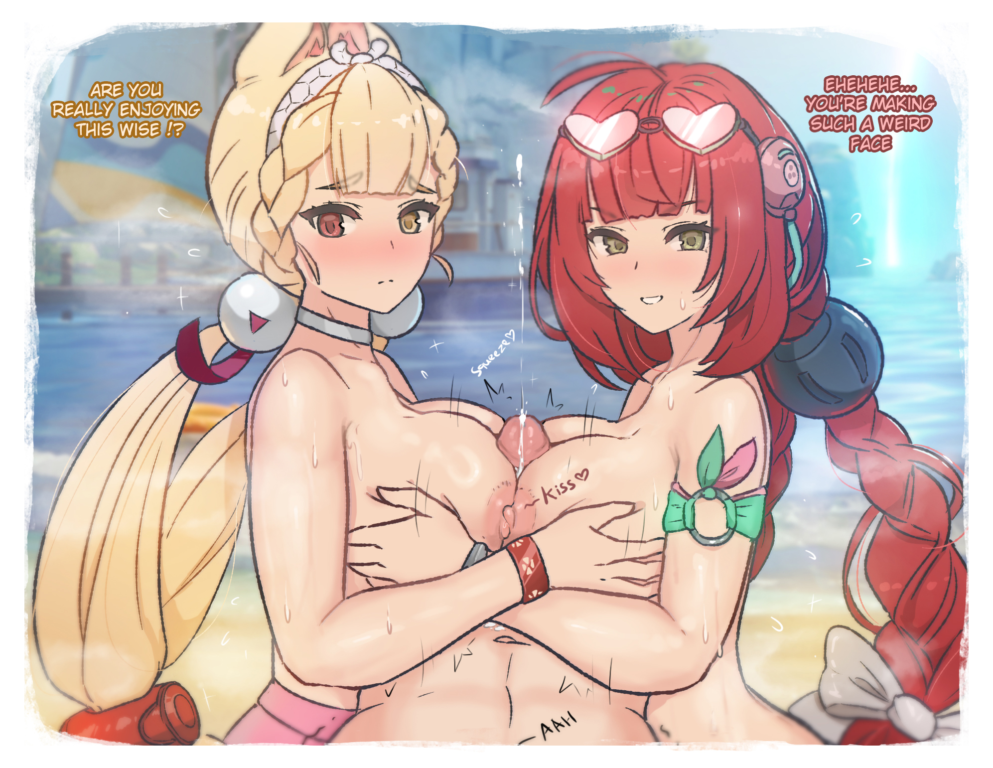 valenthania, alice thymefield, alice thymefield (sea of thyme), ukinami yuzuha, ukinami yuzuha (tanuki in broad daylight), wise (zenless zone zero), zenless zone zero, highres, 1boy, 2girls, beach, blonde hair, blush, breasts, closed mouth, cooperative paizuri, english text, erection, ffm threesome, group sex, heart, hetero, heterochromia, large breasts, long hair, looking at viewer, moaning, multiple girls, navel, nipples, nude, outdoors, paizuri, penis, pov, pov crotch, rabbit ears, rabbit girl, red eyes, red hair, sunglasses, sunglasses on head, teamwork (sexual), threesome, topless female, trembling, twintails, uncensored, water, yellow eyes