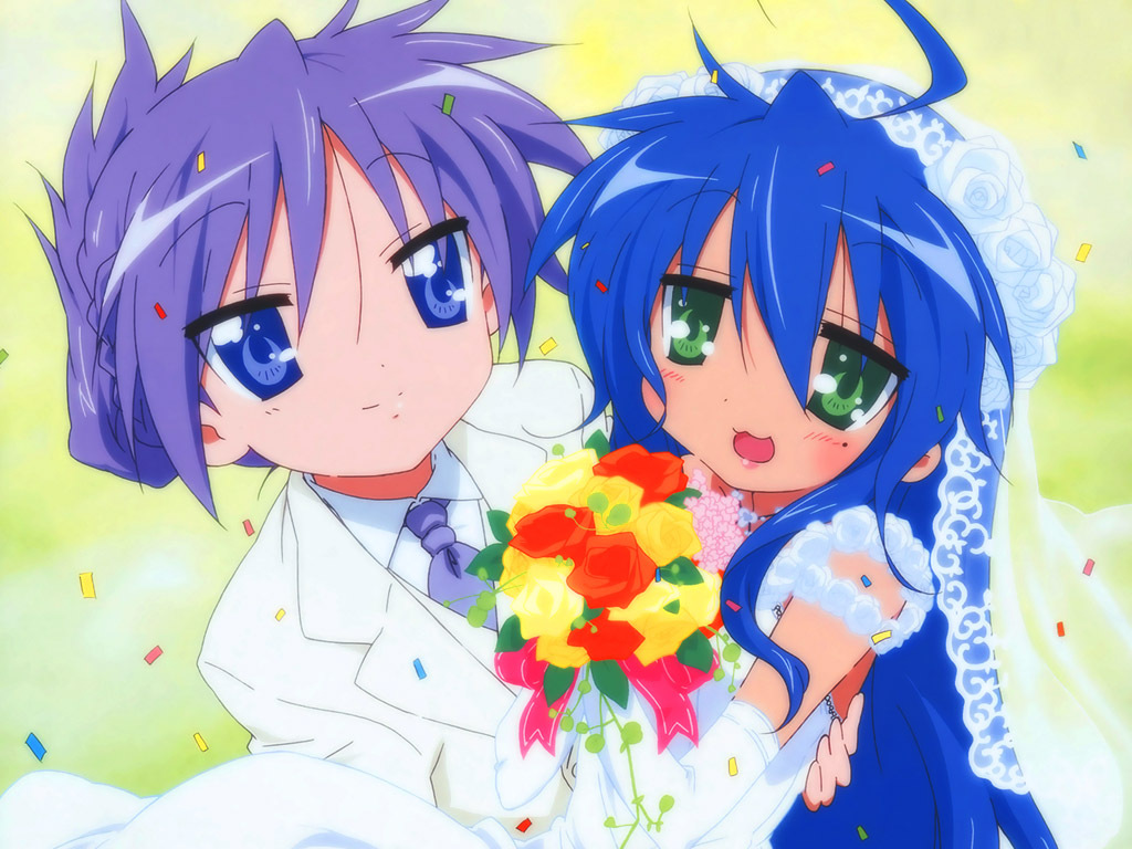 sakamoto kazuya, hiiragi kagami, izumi konata, lucky star, official art, official wallpaper, 00s, 2girls, :3, blue eyes, blue hair, bouquet, bridal veil, bride, confetti, dress, elbow gloves, flower, folded ponytail, formal clothes, gloves, green eyes, mole, mole under eye, multiple girls, pant suit, pants, purple hair, suit, veil, wedding, wedding dress, wife and wife, yuri