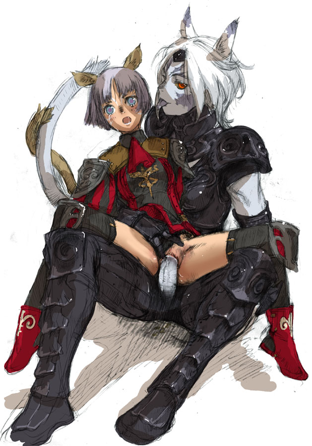 branch (blackrabbits), ark angel mr, mithra (ff11), red mage (final fantasy), final fantasy, final fantasy xi, 00s, 1futa, 1girl, animal ears, ark angel, clothed sex, colored skin, empty eyes, futa with female, futanari, girl on top, grey skin, penis, petite, purple hair, pussy, red eyes, sex, tail, tears, uncensored, vaginal, white hair