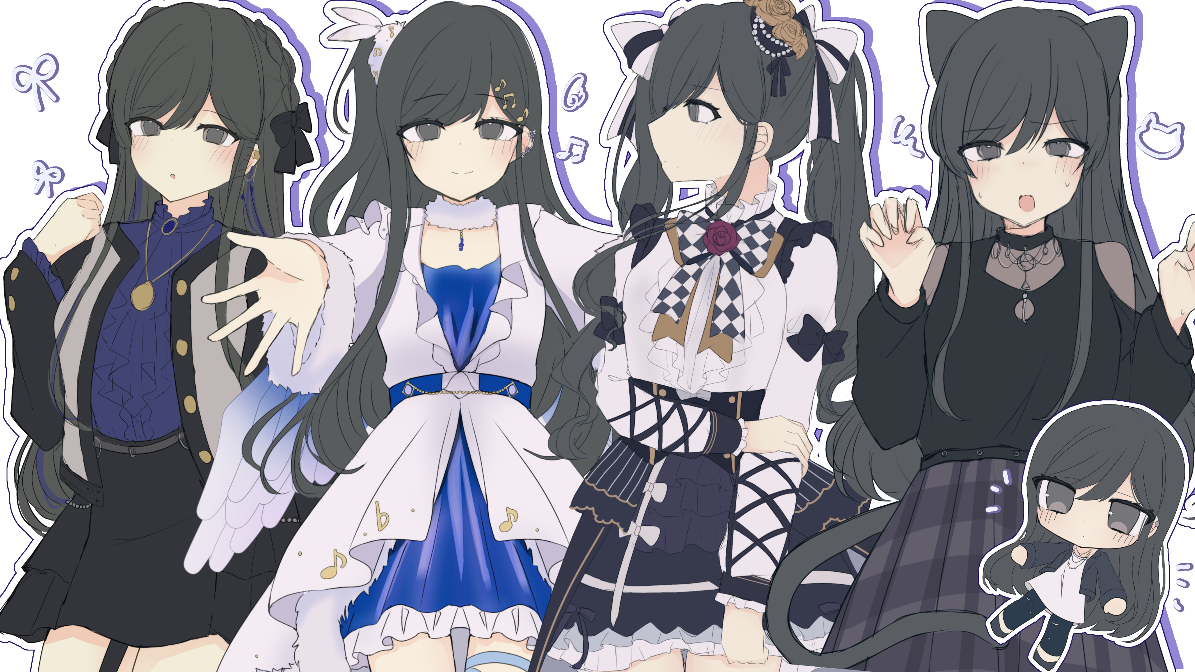 aoyagi tsubaki, d4dj, absurdres, highres, alternate costume, alternate hairstyle, angel wings, animal ears, black choker, black eyes, black hair, blue dress, blue streaks, blush, bow, braid, cat ears, cat tail, checkered bow, checkered clothes, chibi, chibi inset, choker, clothing cutout, cross-laced clothes, cross-laced sleeves, dress, ear cuffs, flower, frilled dress, frilled shirt collar, frilled skirt, frilled sleeves, frills, fur-trimmed sleeves, fur choker, fur trim, gao, hair flower, hair ornament, hair scrunchie, high-low dress, holding own arm, jacket, jewelry, juliet sleeves, long hair, long sleeves, multicolored hair, multiple views, musical note, necklace, one side up, open clothes, open jacket, outline, outstretched arms, parted bangs, plaid clothes, plaid skirt, pleated skirt, profile, puffy sleeves, scrunchie, shoulder cutout, skirt, sleeve bow, streaked hair, sweatdrop, tail, twintails, user vykj3845, very long hair, white background, wings