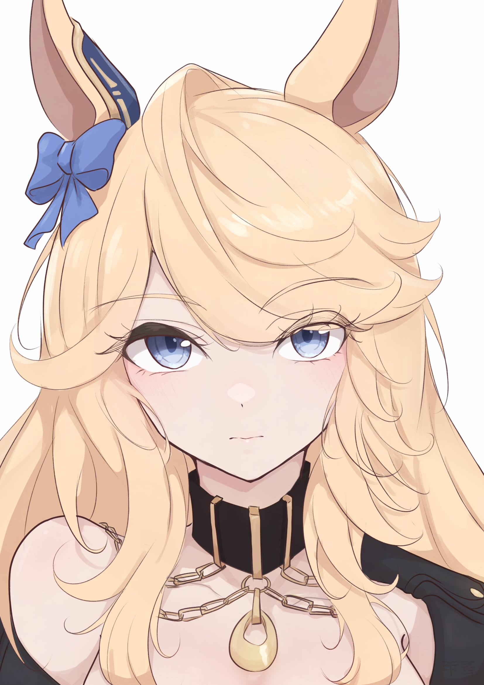 chahiro, gold city (umamusume), umamusume, highres, 1girl, animal ears, black choker, black jacket, blonde hair, blue bow, blue eyes, blush, bow, chain, choker, closed mouth, ear bow, gold chain, horse ears, horse girl, jacket, long hair, looking at viewer, portrait, simple background, single bare shoulder, solo, upper body, white background