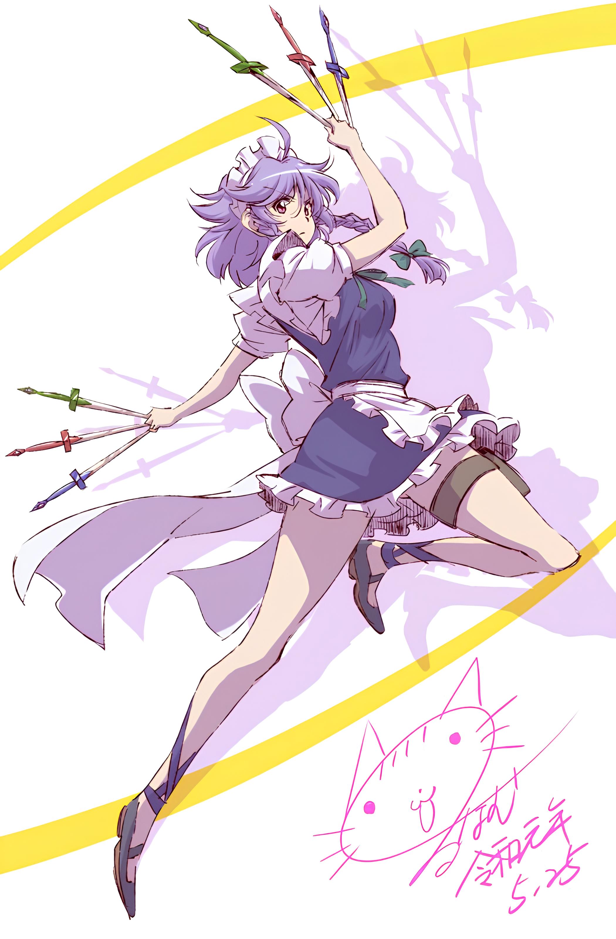 lunamoon, izayoi sakuya, touhou, absurdres, highres, non-web source, resized, upscaled, 1girl, ahoge, anime coloring, apron, between fingers, blue dress, bow, braid, breasts, dress, flower, full body, green bow, green ribbon, grey hair, hair between eyes, holding, holding knife, knife, knife shadow, knives between fingers, legs, looking at viewer, maid, maid apron, maid headdress, open mouth, purple eyes, ribbon, sheath, short hair, short sleeves, twin braids
