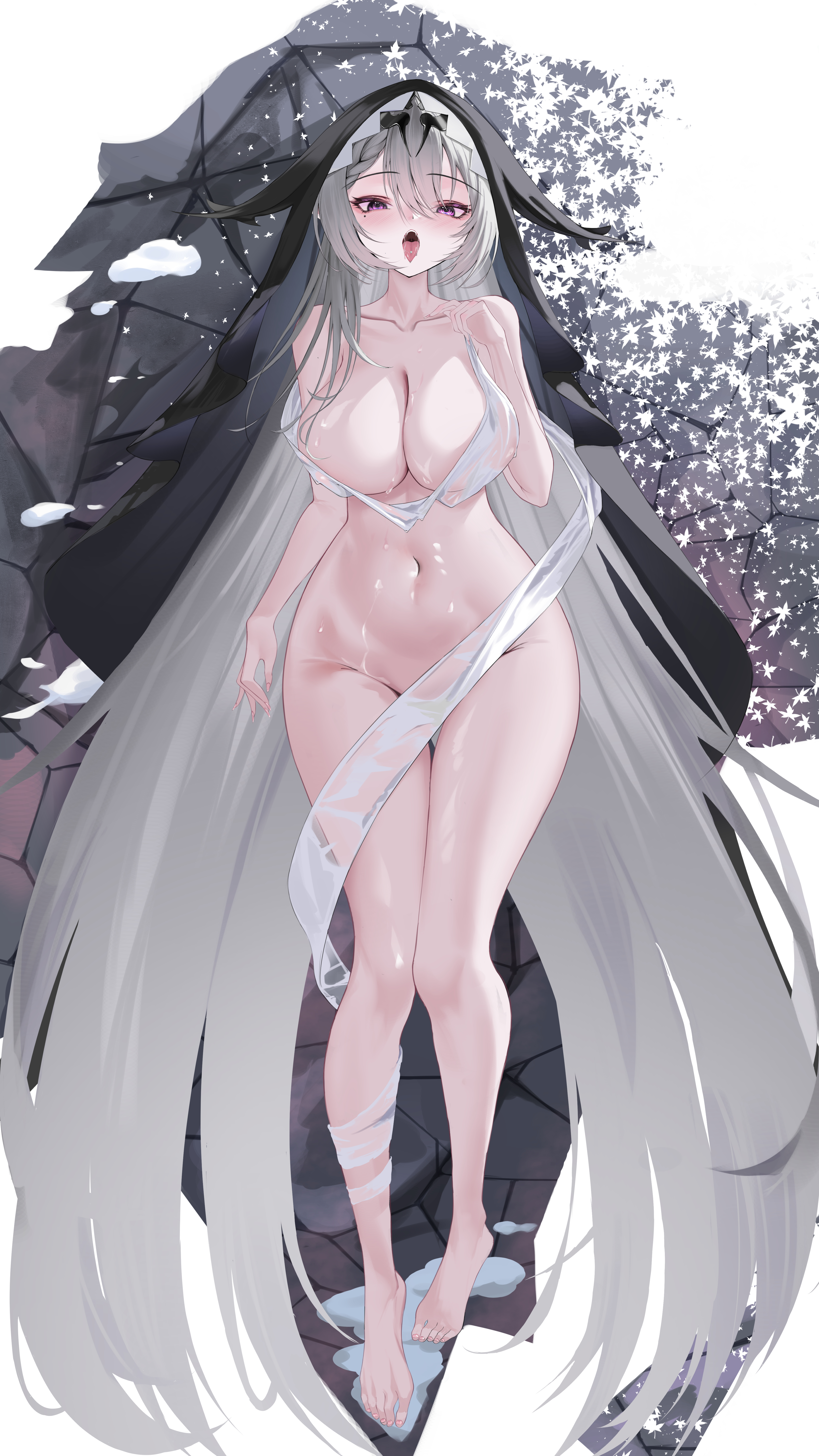 qingmangzi, duguay-trouin (azur lane), azur lane, absurdres, highres, 1girl, barefoot, braid, breasts, collarbone, convenient censoring, duguay-trouin (covetous bathgoer) (azur lane), full body, grey hair, large breasts, long hair, looking at viewer, mole, mole under eye, naked towel, navel, nun, open mouth, purple eyes, solo, stomach, toes, tongue, tongue out, towel, very long hair