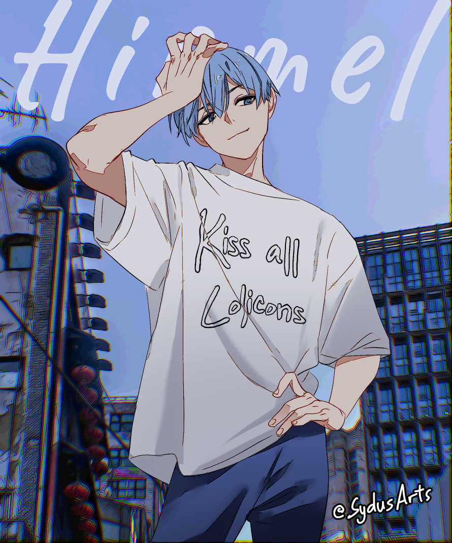 sydus, himmel (sousou no frieren), sousou no frieren, commentary, hashtag-only commentary, 1boy, arm up, artist name, bare arms, blue eyes, blue hair, blue pants, character name, clothes writing, contemporary, cowboy shot, day, english text, hand on own head, hand on own hip, light smile, male focus, outdoors, pants, shirt, short sleeves, solo, t-shirt, twitter username, white shirt