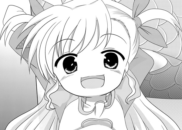 sch, vivio, lyrical nanoha, mahou shoujo lyrical nanoha, mahou shoujo lyrical nanoha strikers, 00s, child, greyscale, monochrome, short twintails, solo, twintails